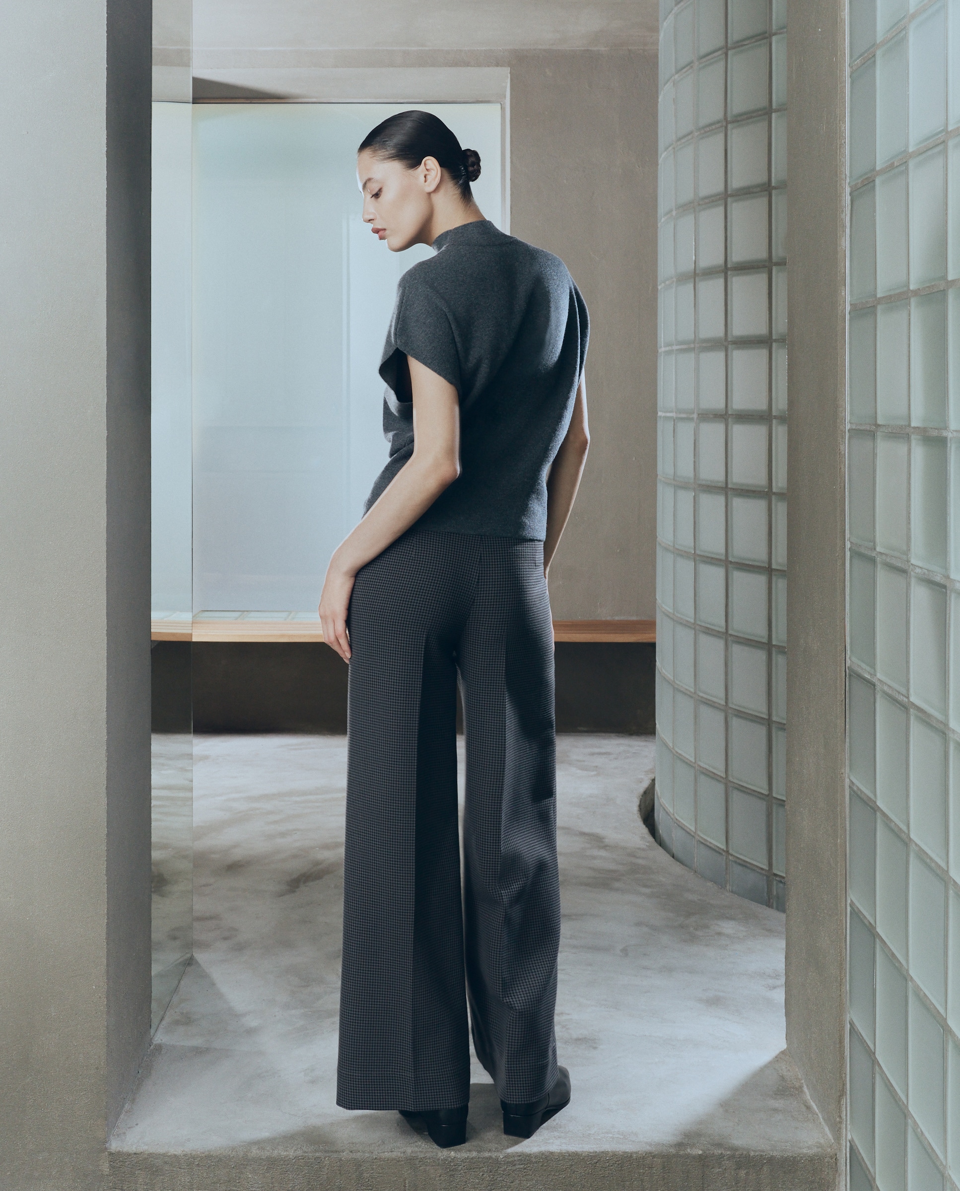 Calças Largas de Malha com Pespontos aos Quadrados Preto-3