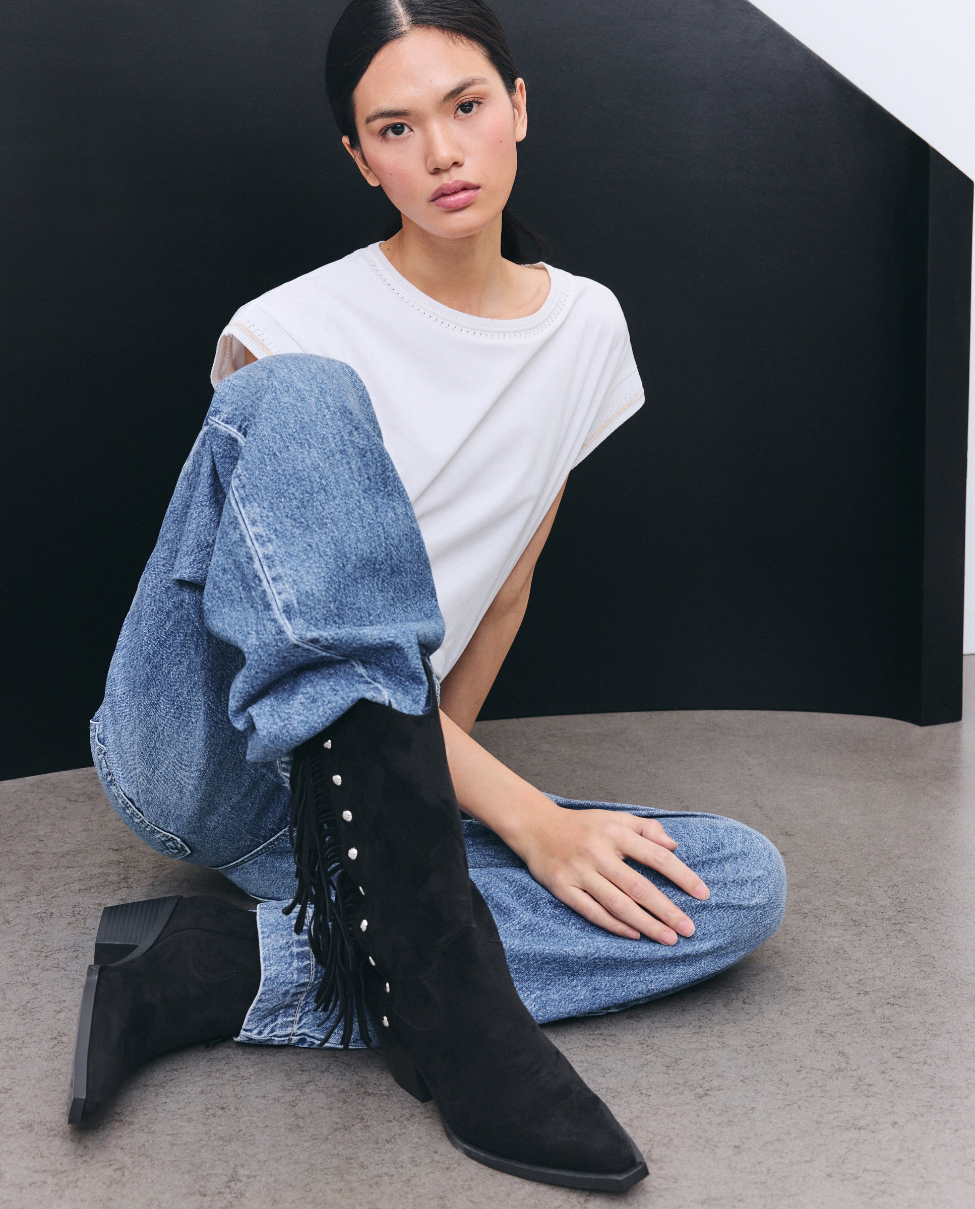 Botas Cowboy com Tacão, Franjas e Bolas Preto-5