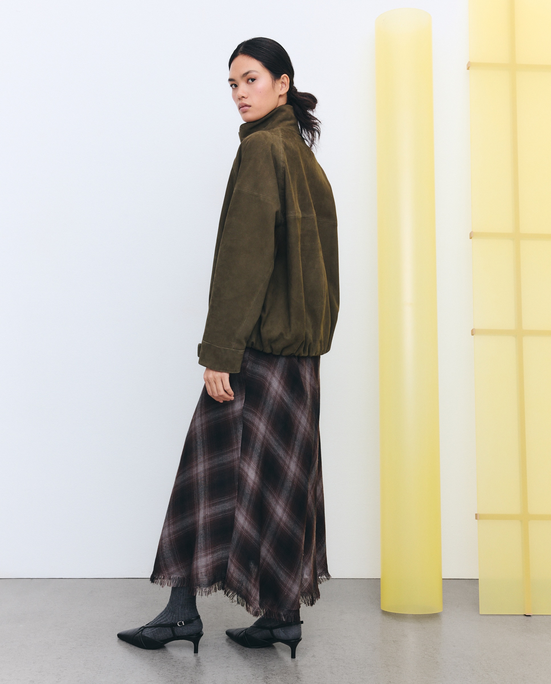 Saia midi aos quadrados Castanho-3