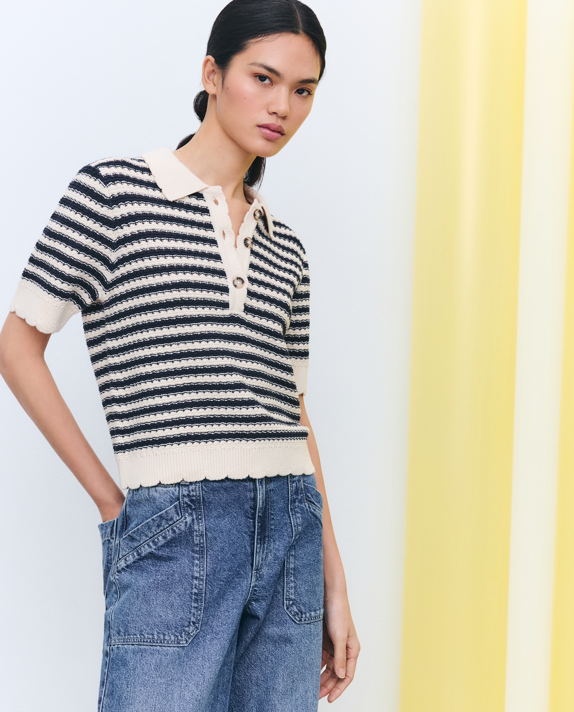 Camisola de Malha com Colarinho de Polo e Chevron Azul-marinho-4
