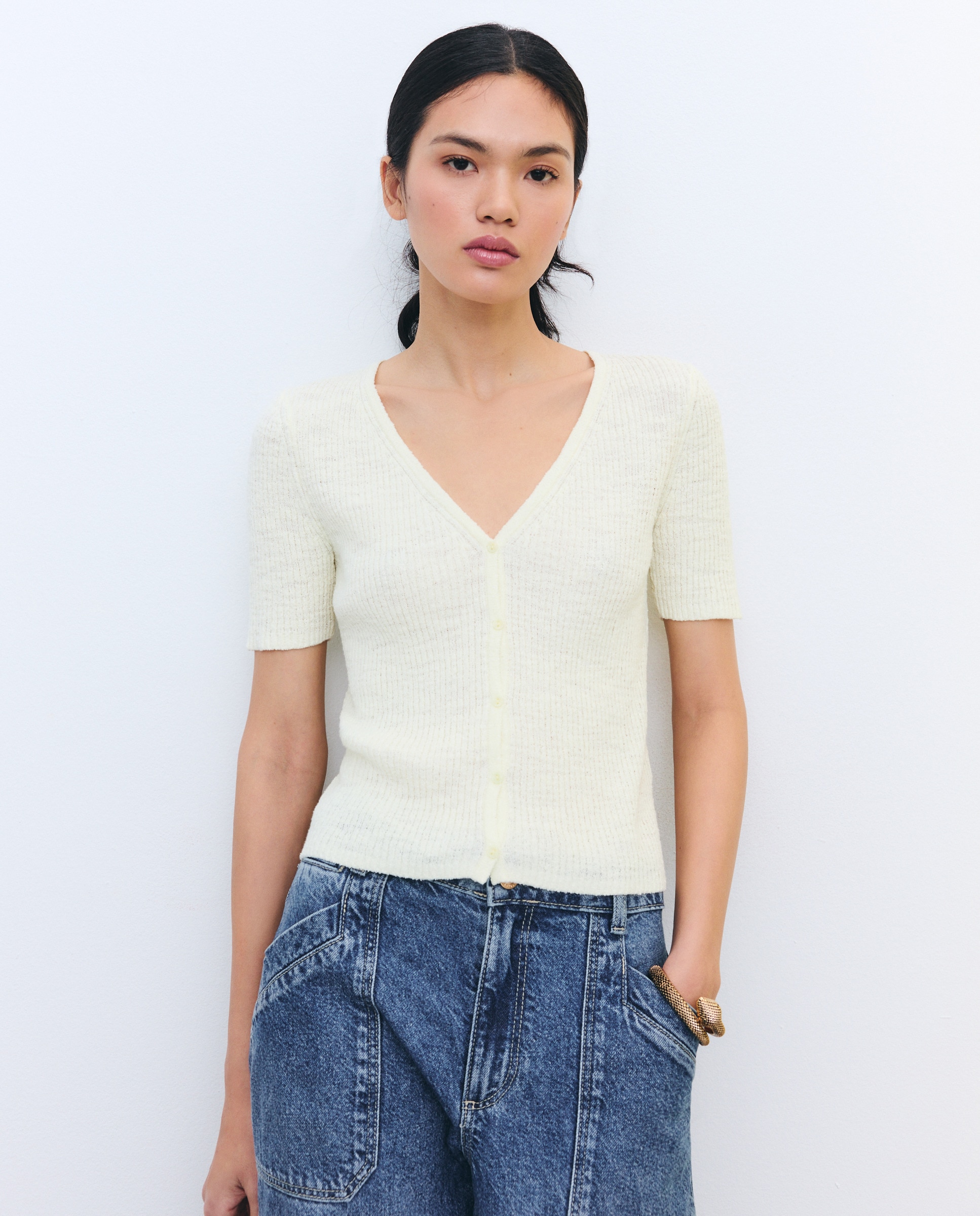 Camisola de Malha Lisa com Manga Curta 300 Amarelo-4