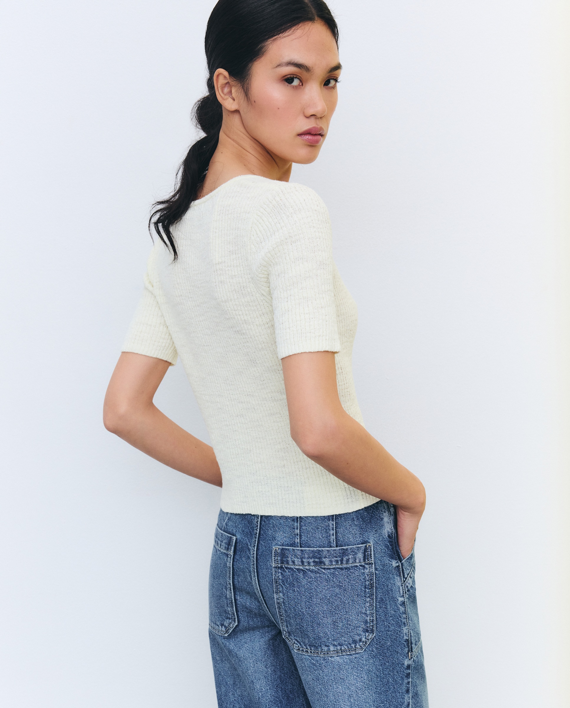 Camisola de Malha Lisa com Manga Curta 300 Amarelo-3