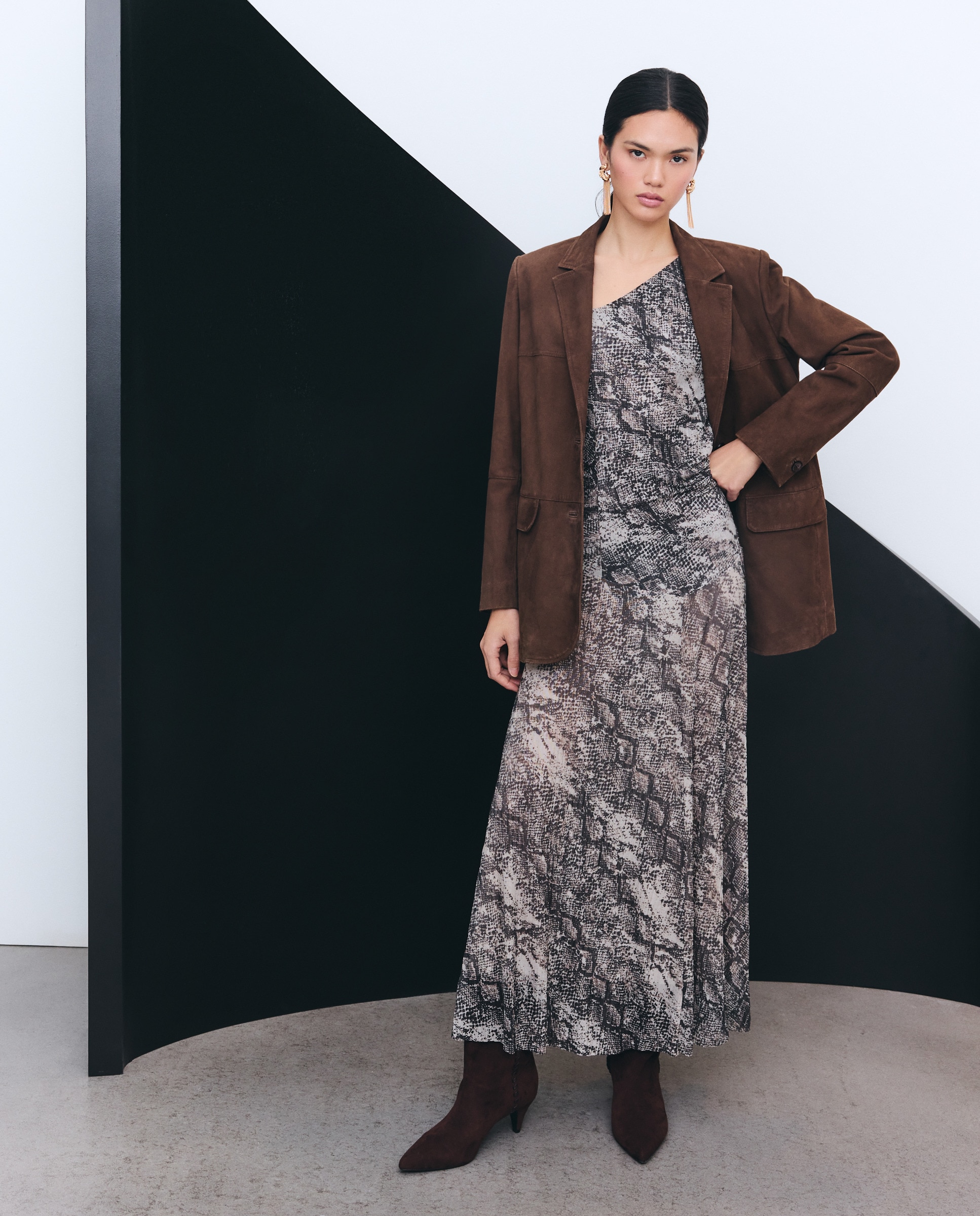 Vestido Circular com Animal Print de Serpente Castanho-2