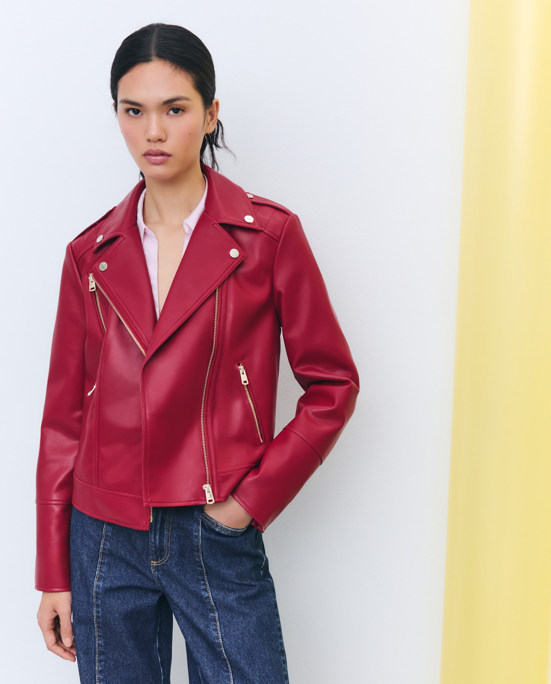 Blusão Biker com Aba e Efeito de Pele 600 Vermelho-1