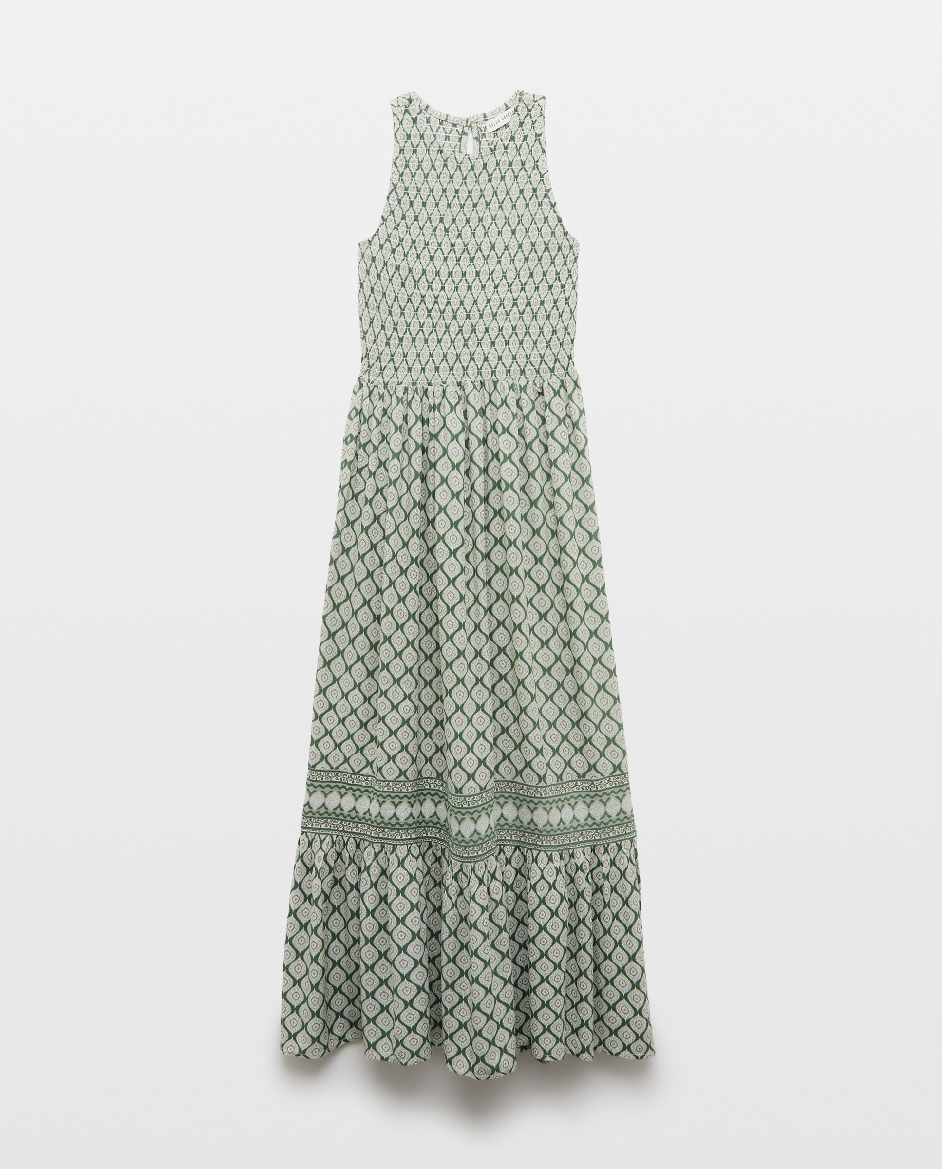 Vestido Comprido com Elásticos e Rebordo Decorativo Verde Sálvia-4