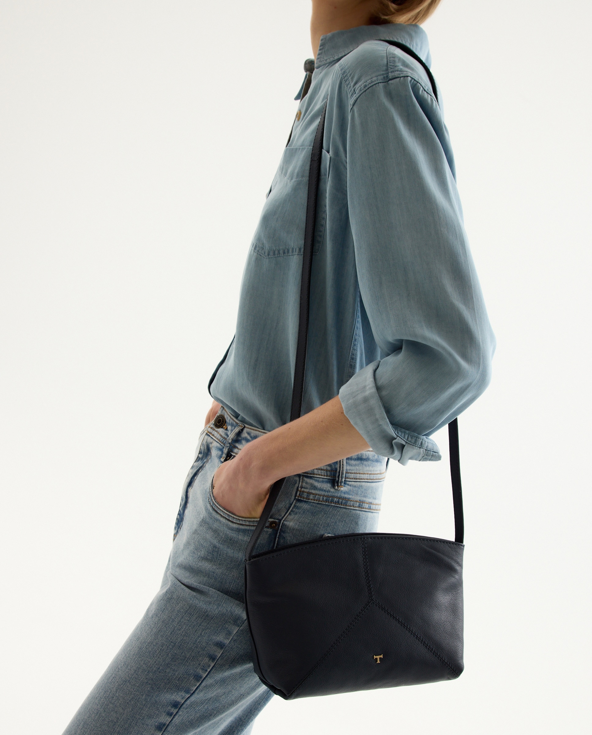 Mala a Tiracolo em Pele com Peças com Fecho de Correr Azul-marinho-6