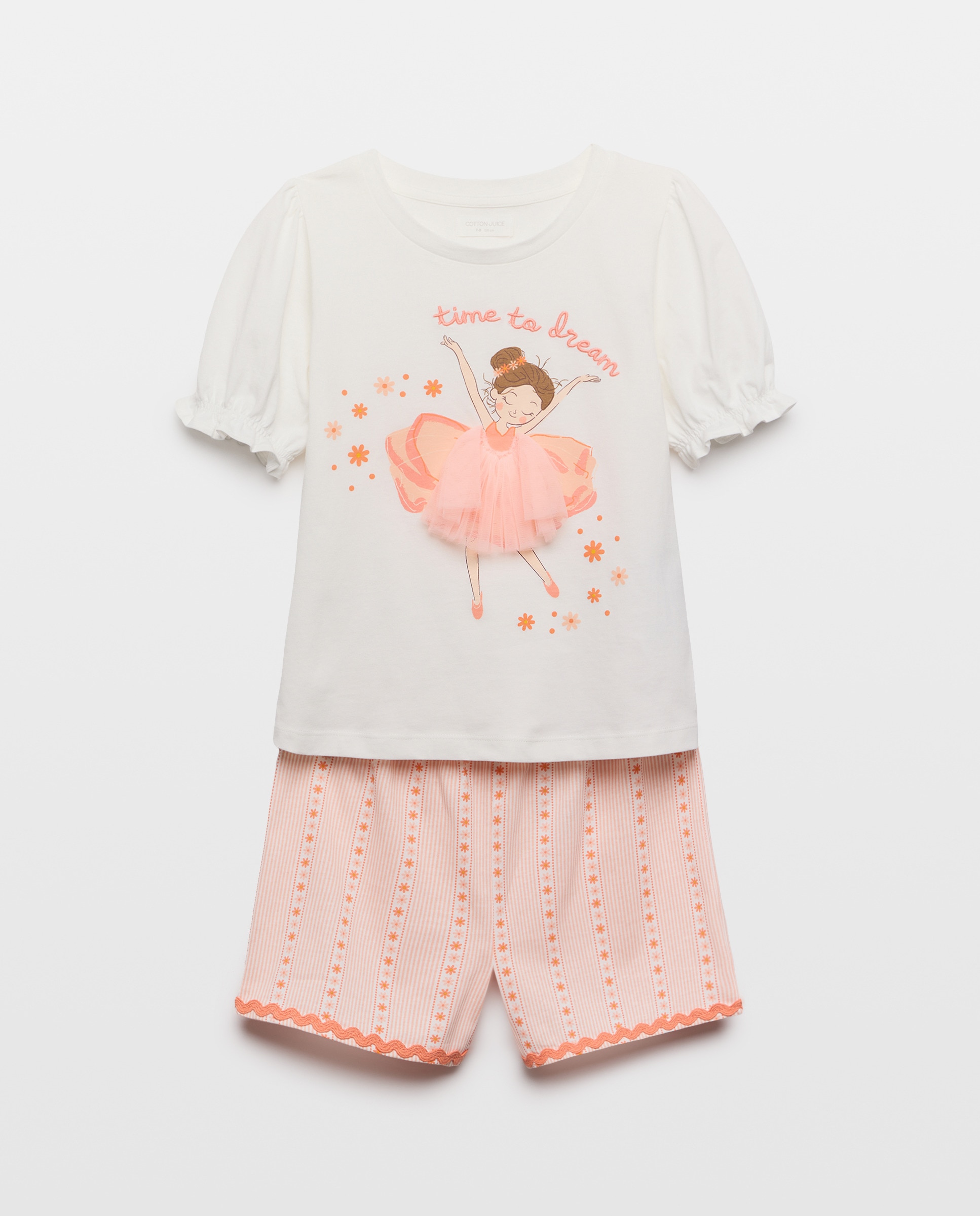 Pijama Curto com Estampado de Fantasia e Calças às Riscas Cotton Juice Branco-5
