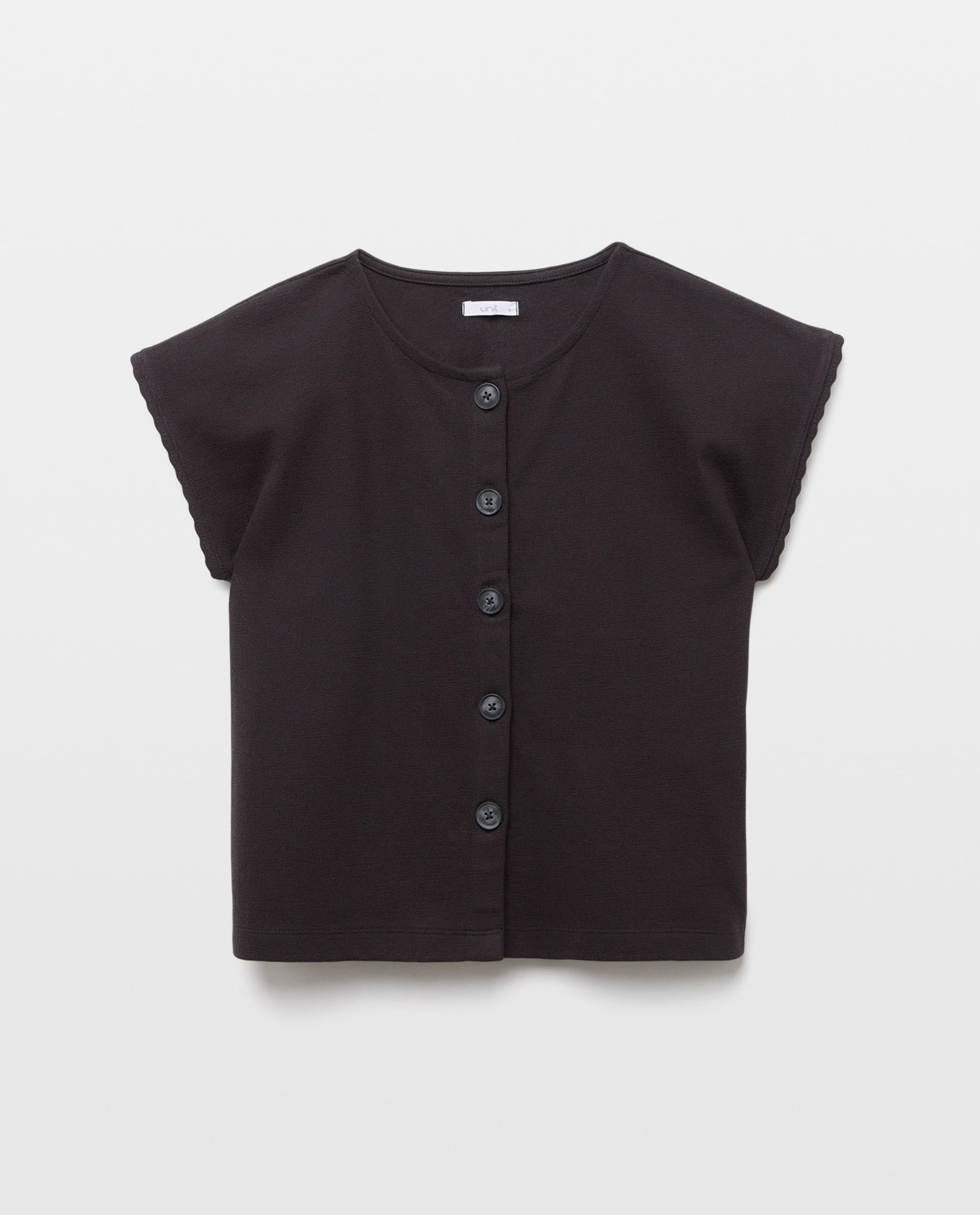 Camiseta de mujer cuello caja abotonada ribete ondas Negro-4