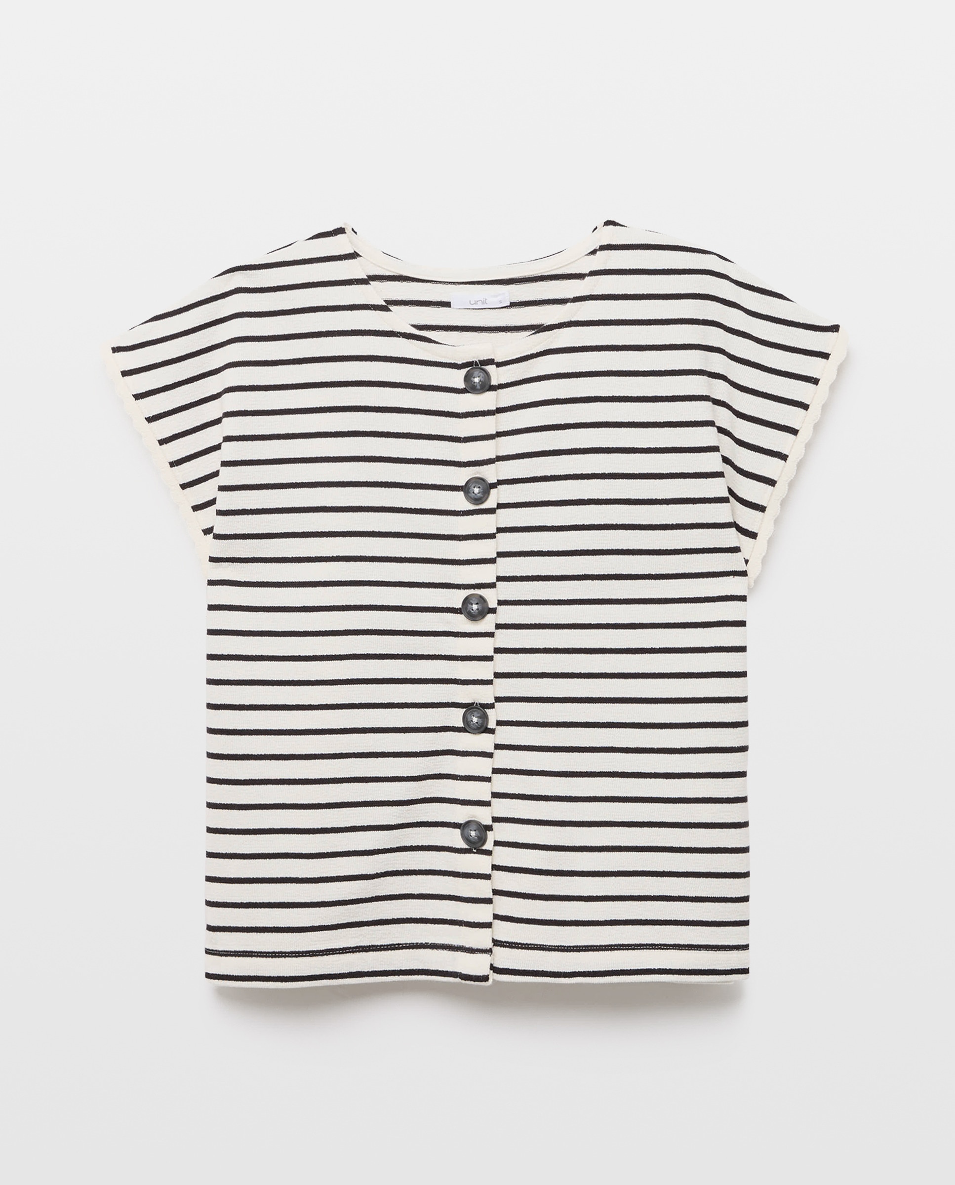 Camiseta de mujer cuello caja abotonada ribete ondas Blanco-4