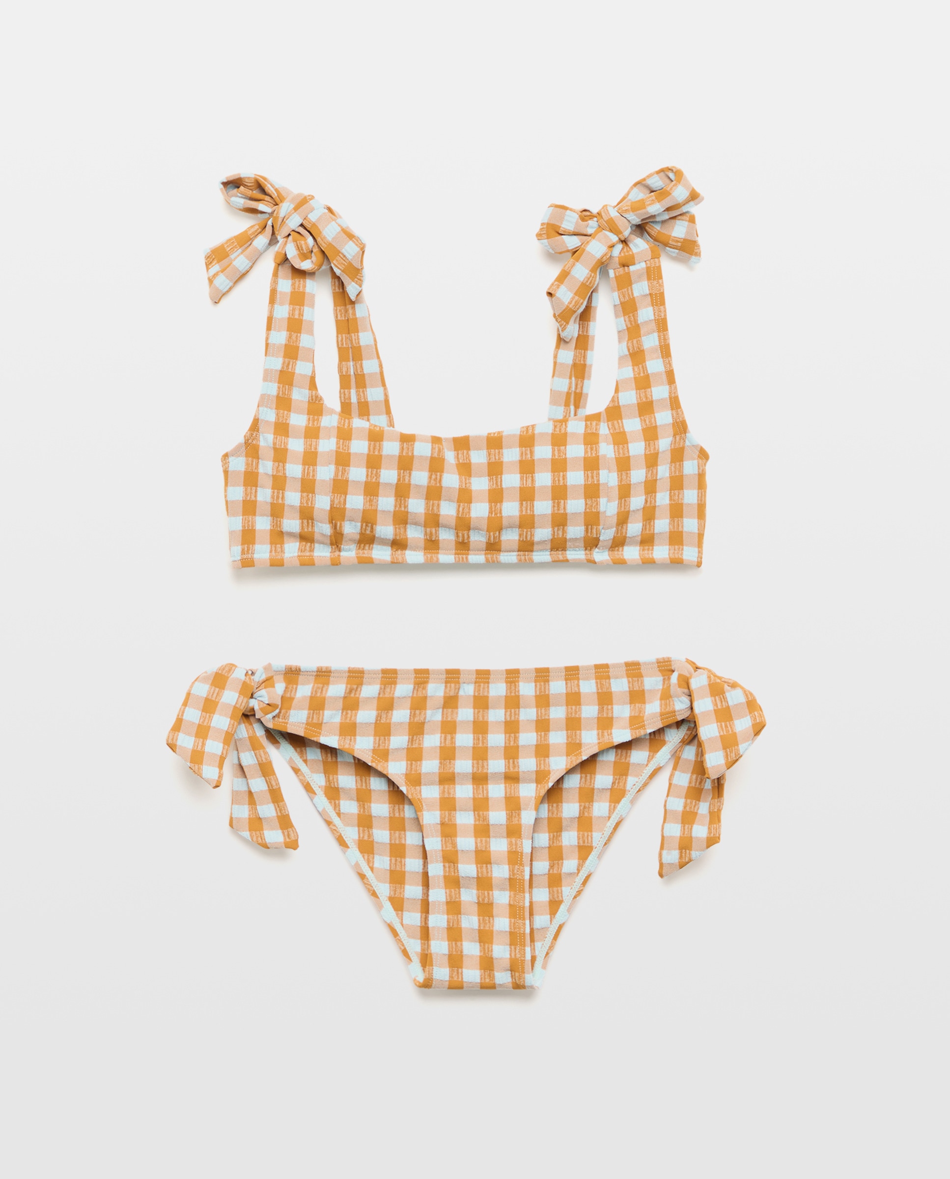 Bikini mujer seersucker escote cuadradado lazos tirantes Azul-4