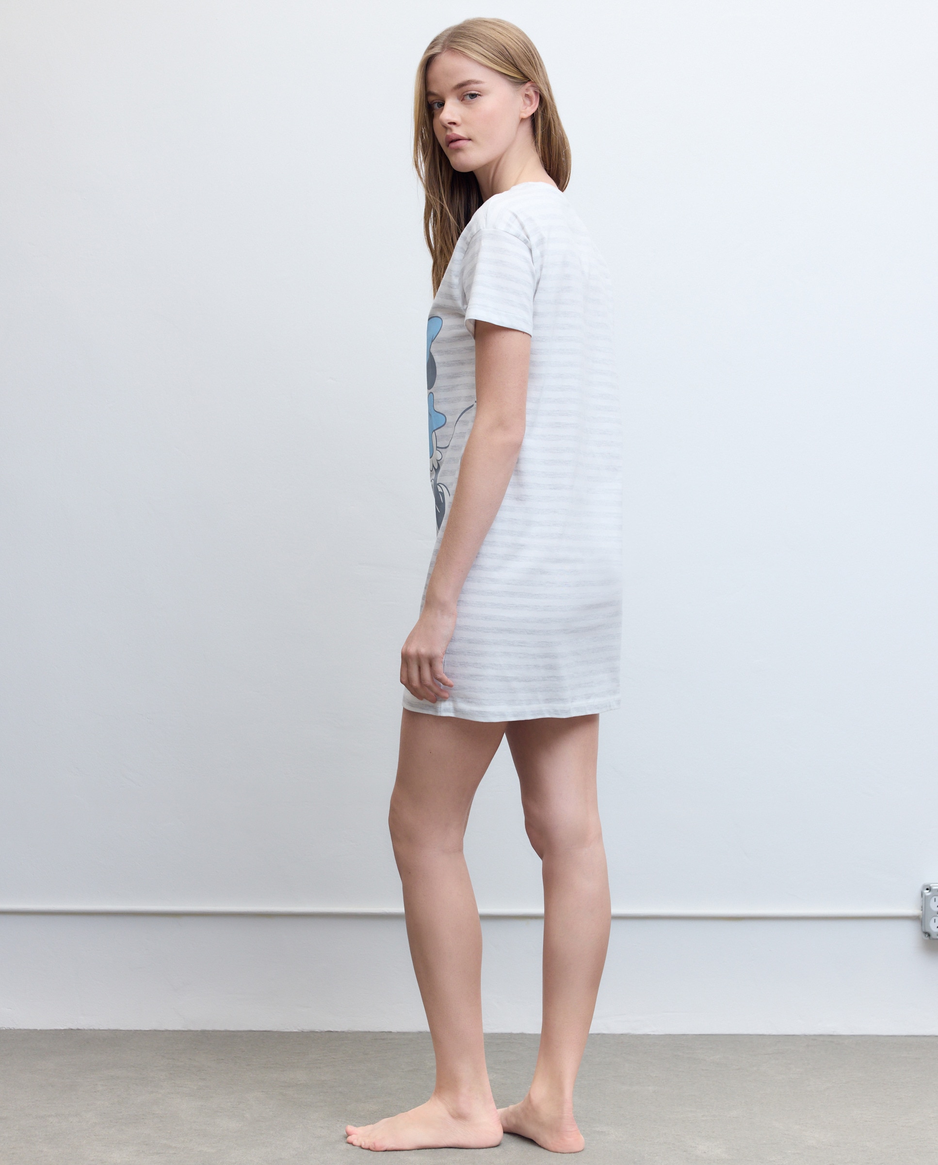 Camisa de Dormir Mickey e Minnie às Riscas Branco-marfim-3