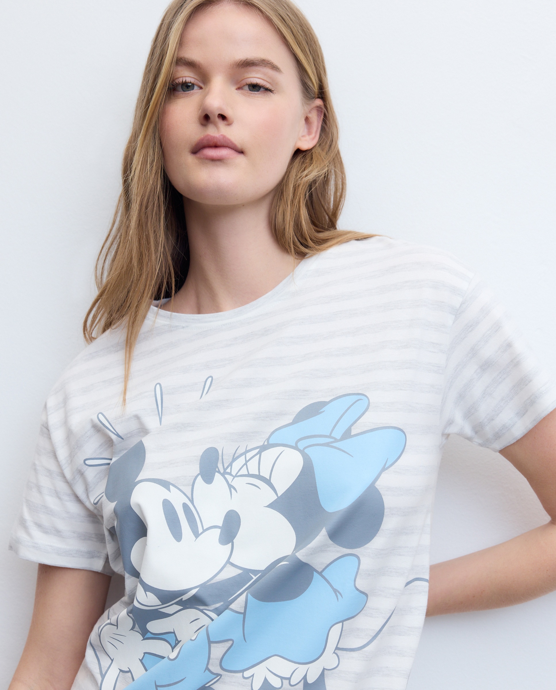 Camisa de Dormir Mickey e Minnie às Riscas Branco-marfim-2