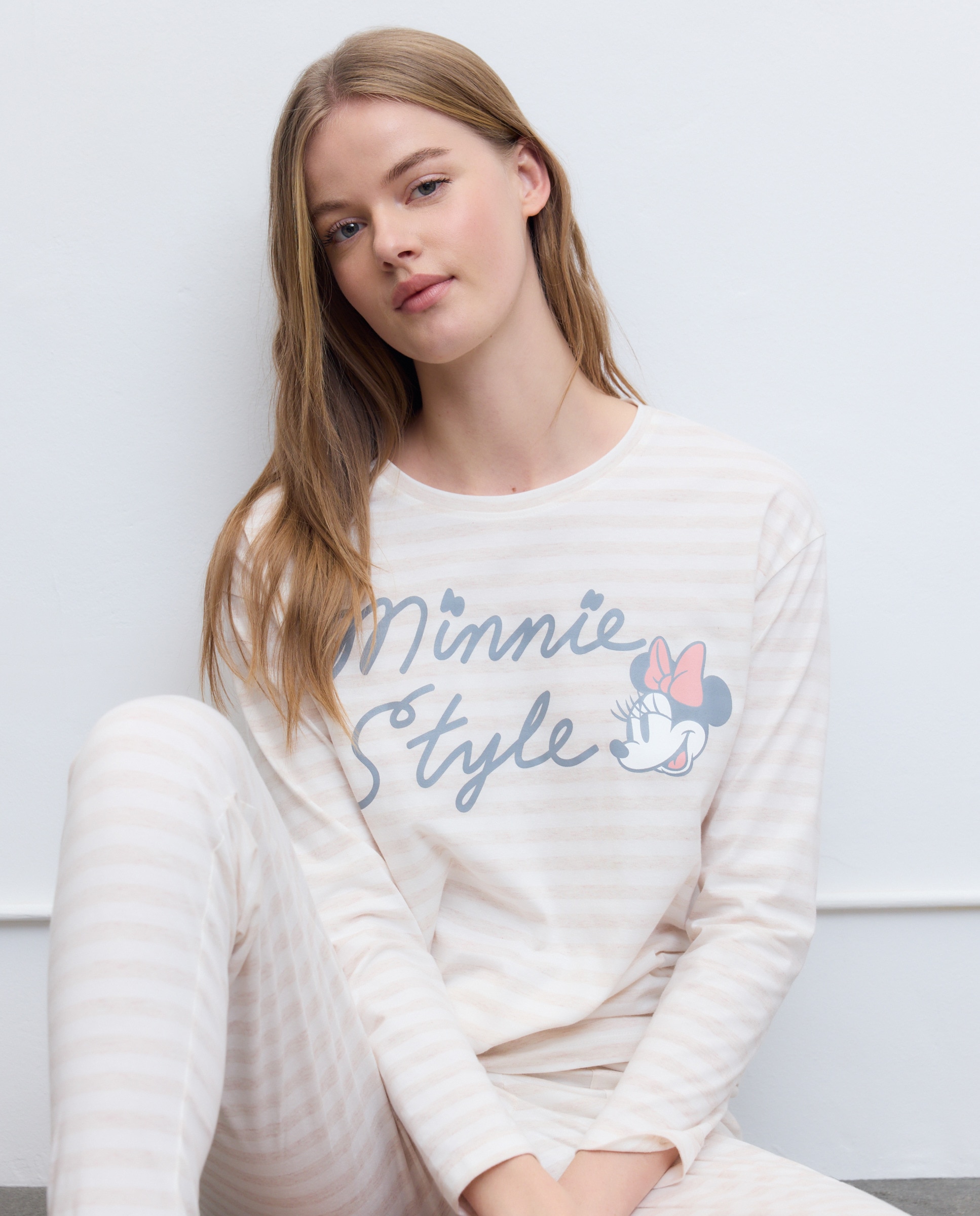 Pijama Completo Minnie às Riscas 710 Bege-1