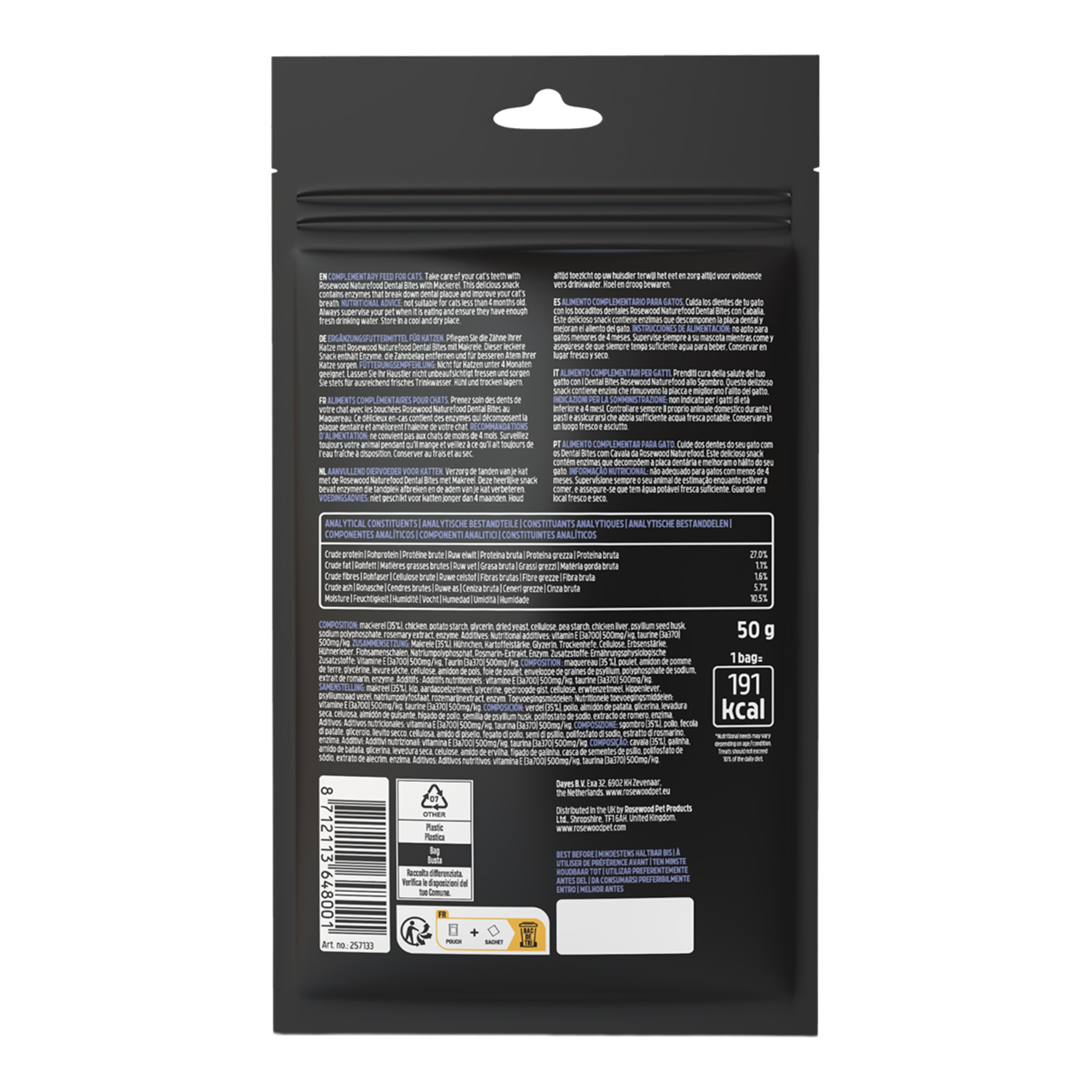 Snacks para gatos adultos naturefood dental bites Rosewood caballa 50 g 2