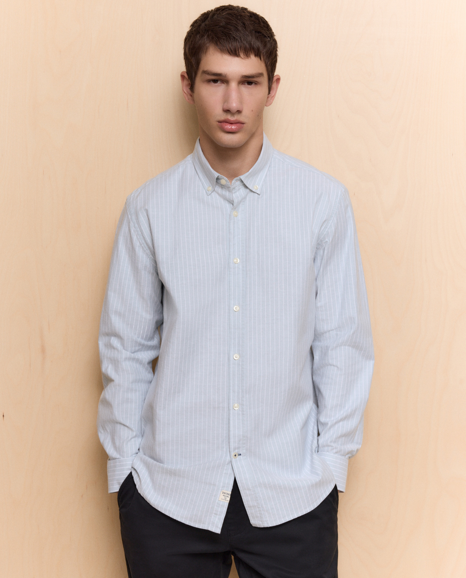 Camisa Oxford às Riscas com Manga Comprida Verde-2