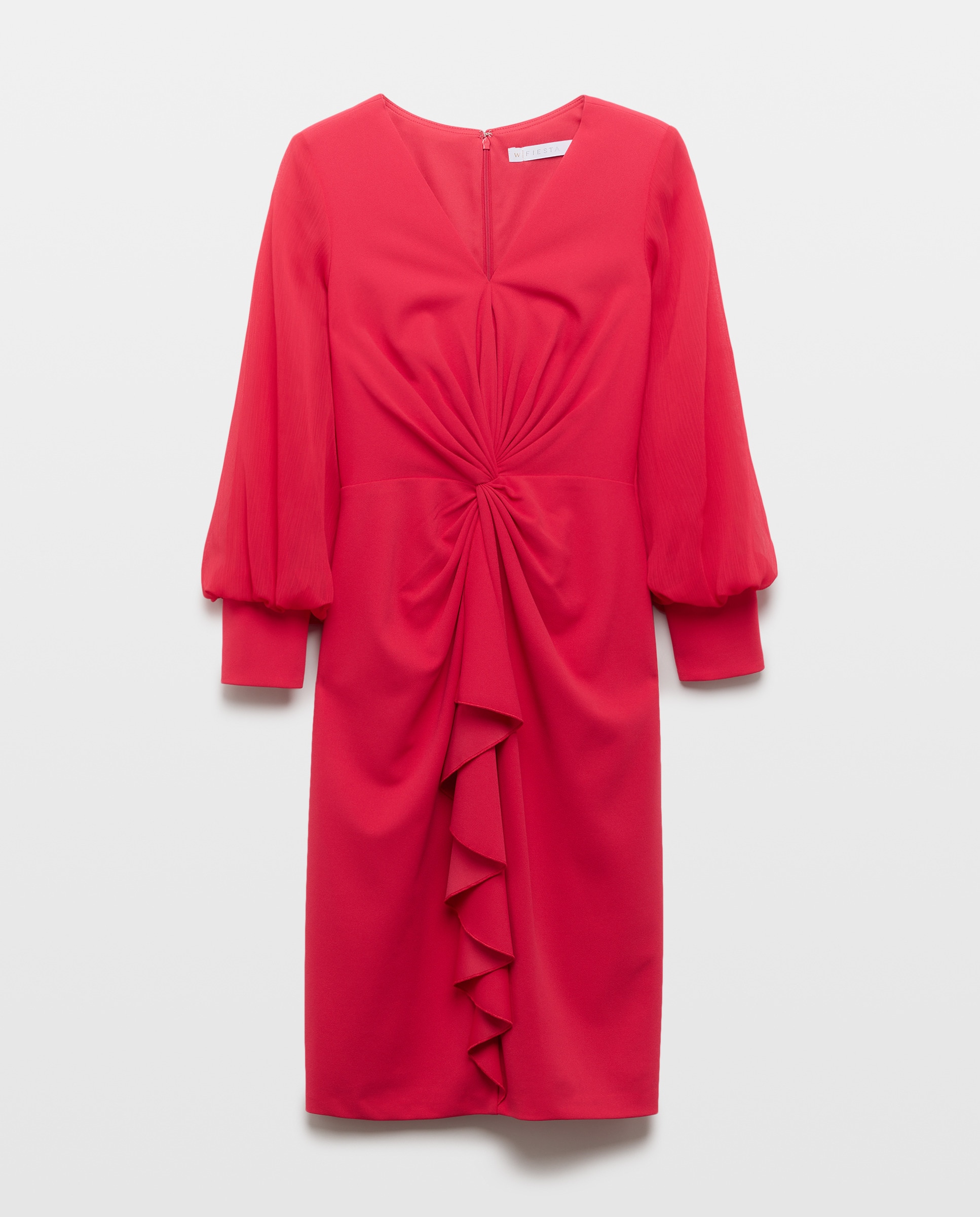 Vestido Curto Elástico com Manga Comprida em Chiffon e Nó na Cintura 600 Vermelho-5
