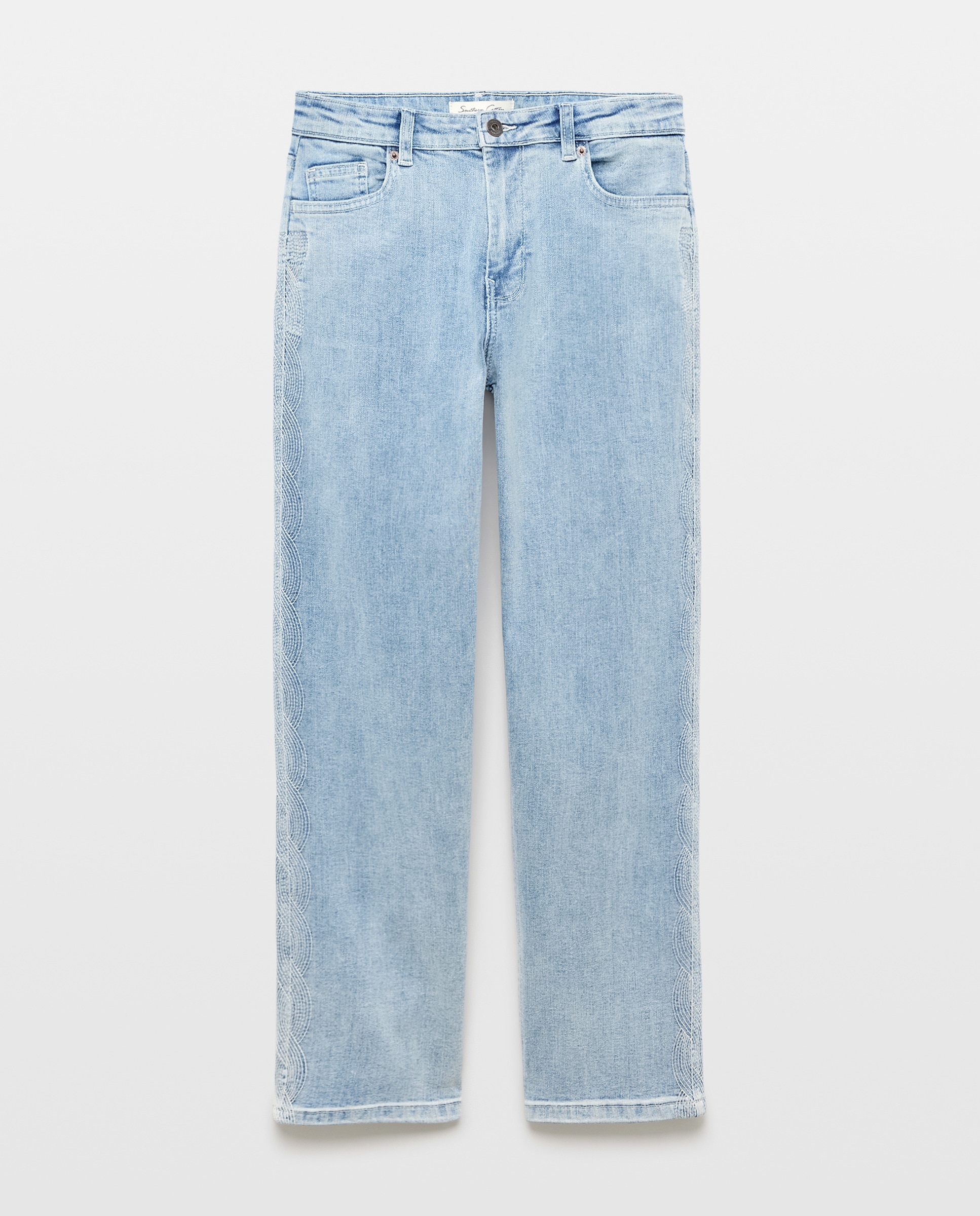 Jeans de 5 Bolsos com Bordado Vertical Azul pálido-4
