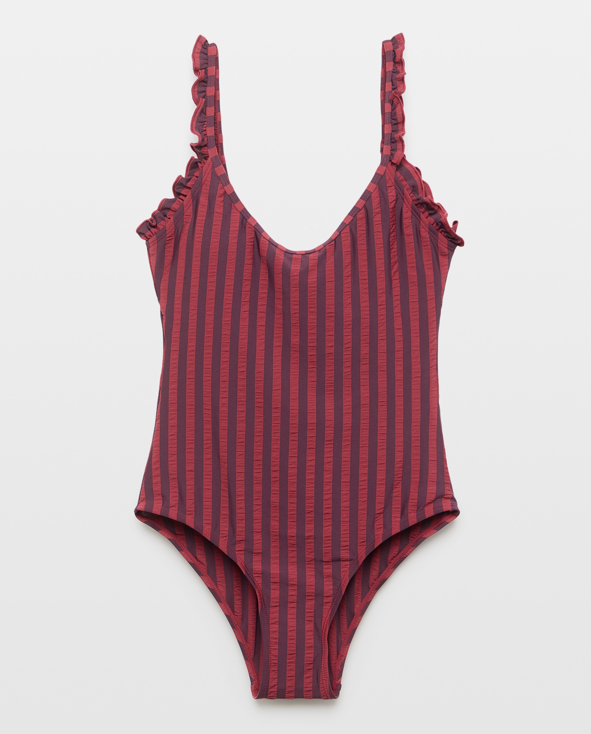Bañador mujer minivolantes rayas seersucker 740 Tabaco-5
