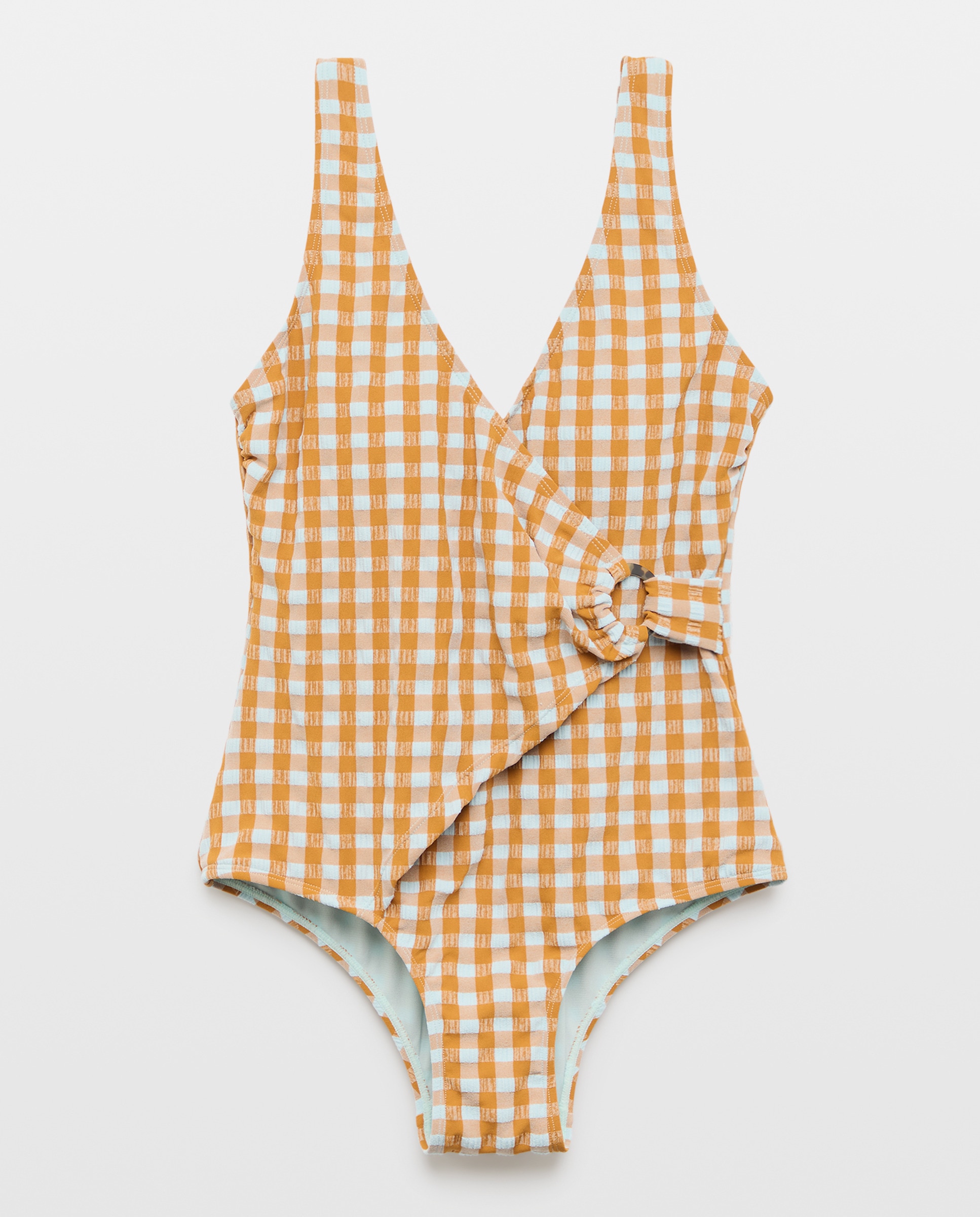 Bañador de mujer cruzado anilla seersucker 450 Turquesa-4