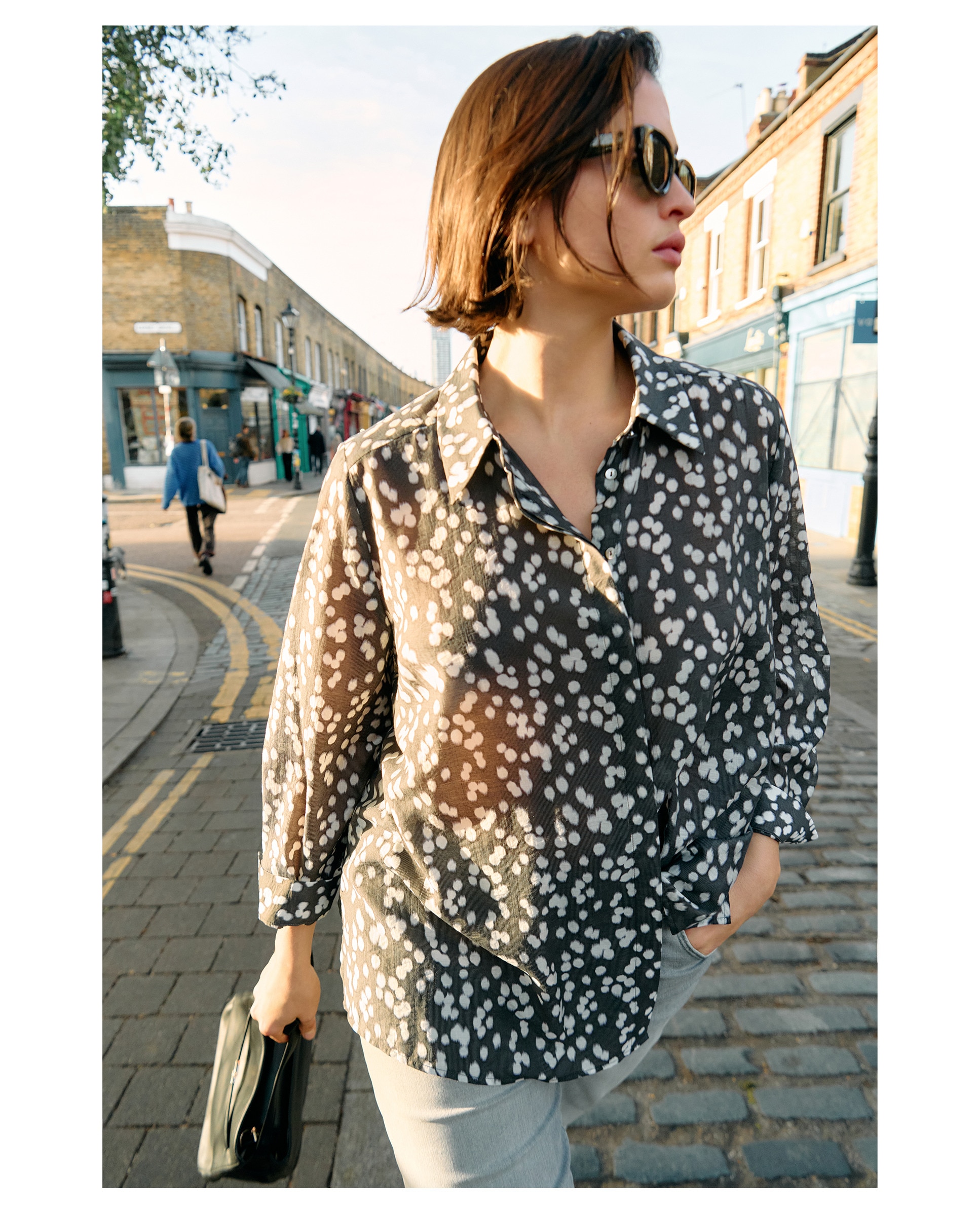 Camisa de Manga Comprida com Estampado às Bolinhas Preto-1