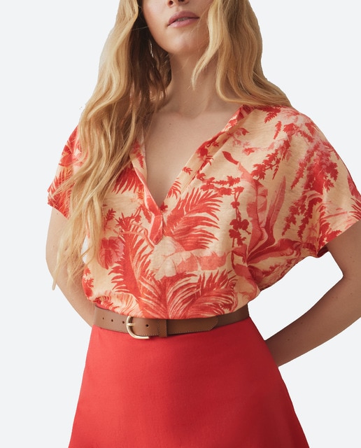 Imagen 0 de Camiseta de lino de mujer manga corta cuello mao