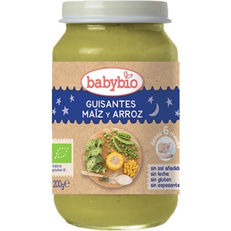 tarrito de guisantes, maíz y arroz ecológico sin sal sin gluten sin leche sin espesante envase 200 g desde 6 meses - Babybio