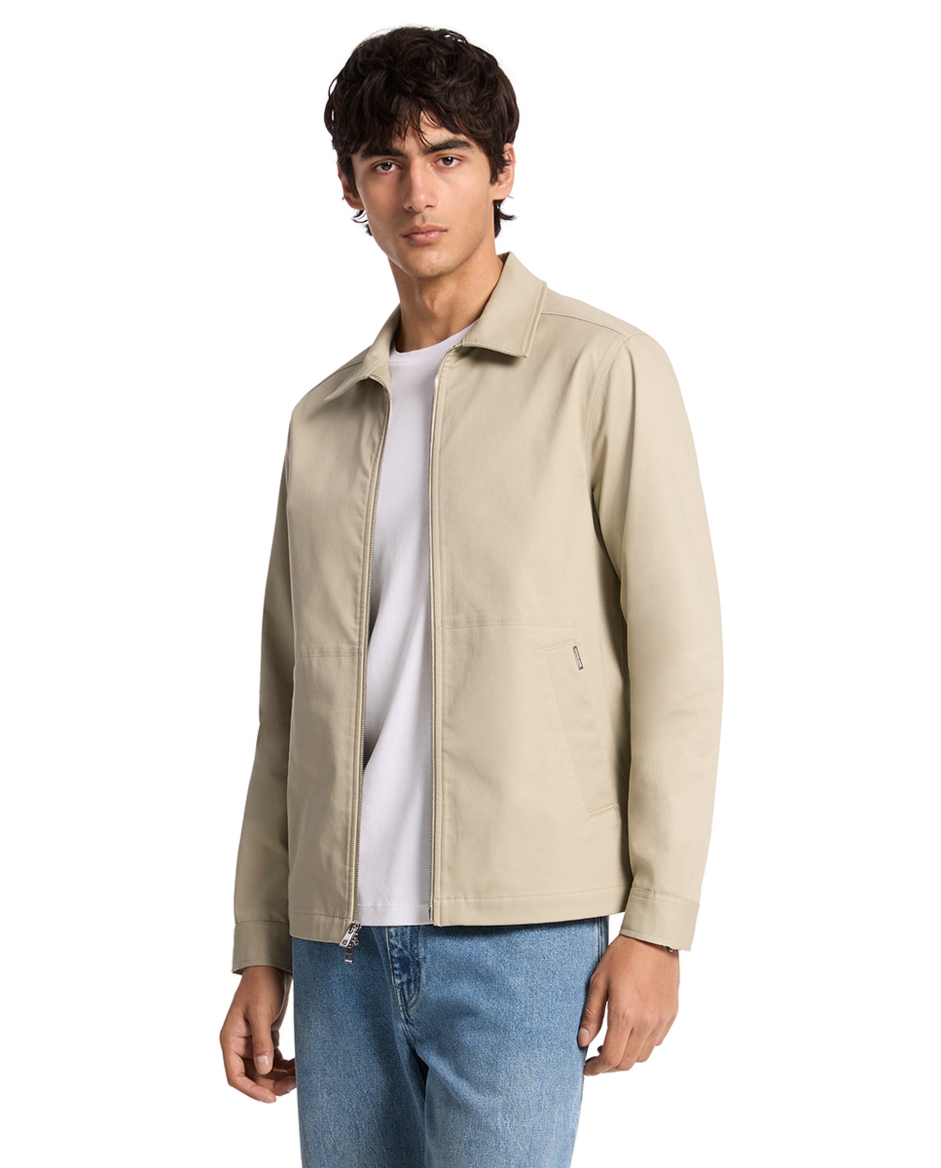 Sobrecamisa de Algodão com Fecho de Correr e Manga Comprida Bege-1