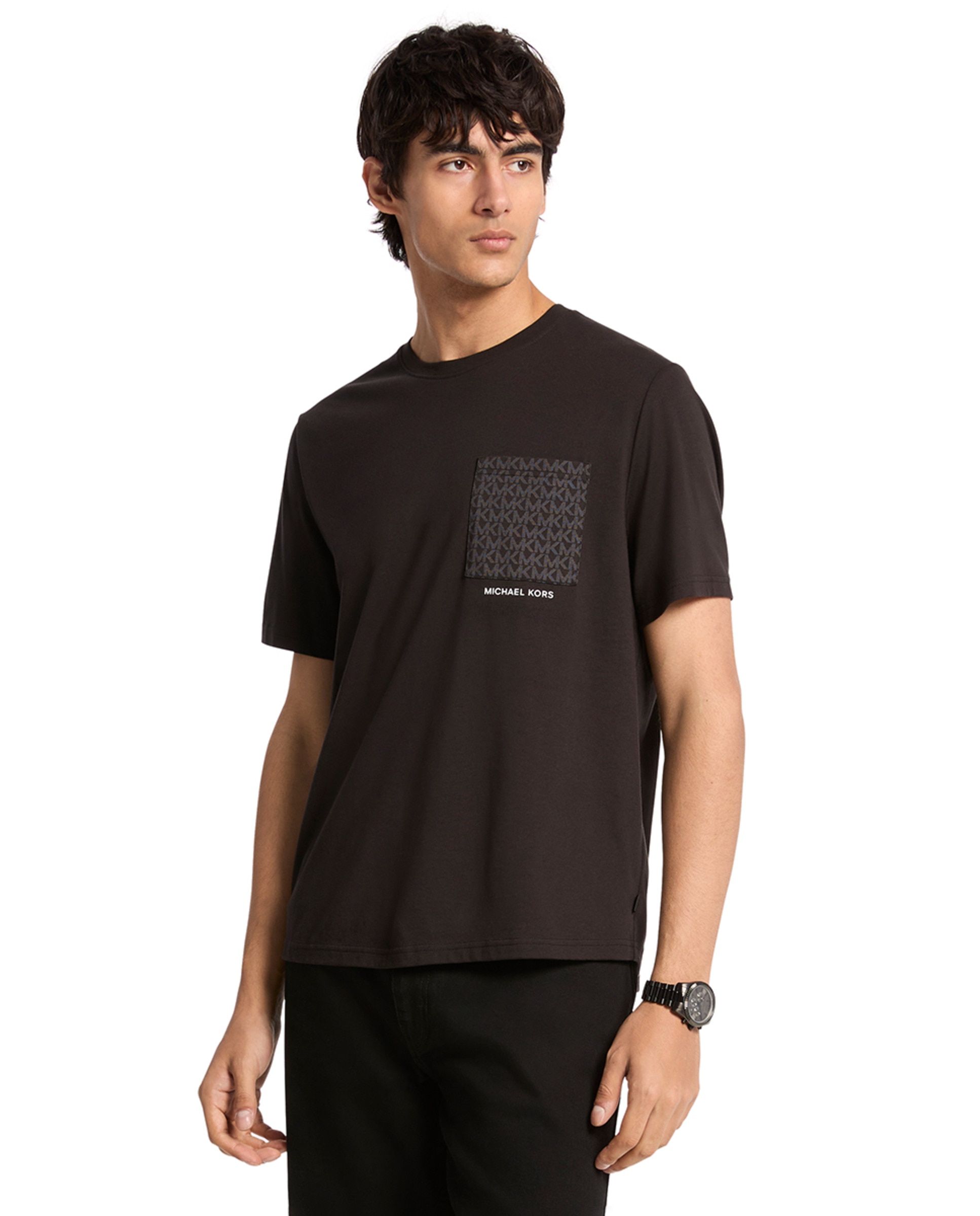 T-shirt de Algodão Liso com Bolso com Logótipos Preto-1
