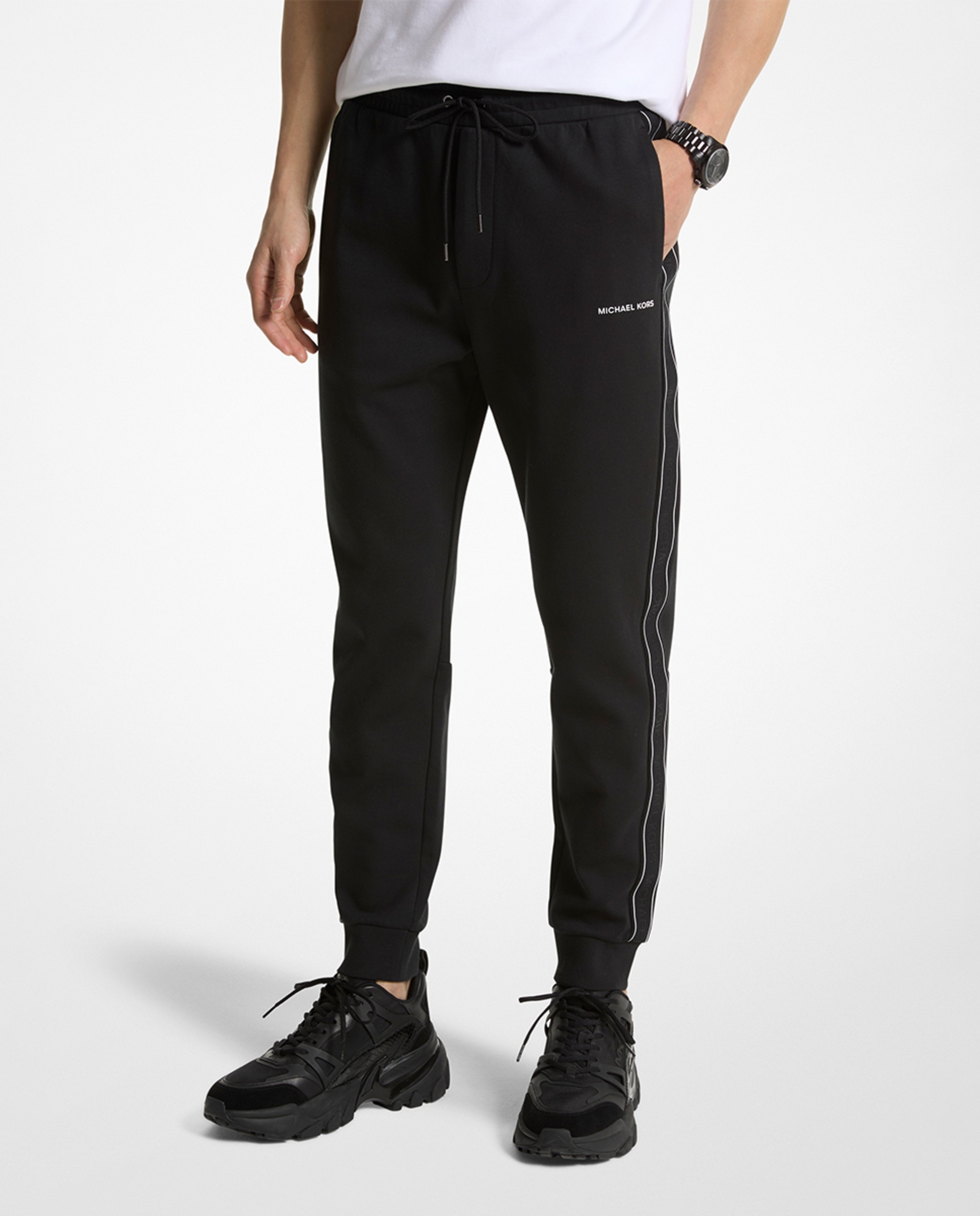 Joggers com Fita de Logótipos e em Mistura de Algodão Preto-1
