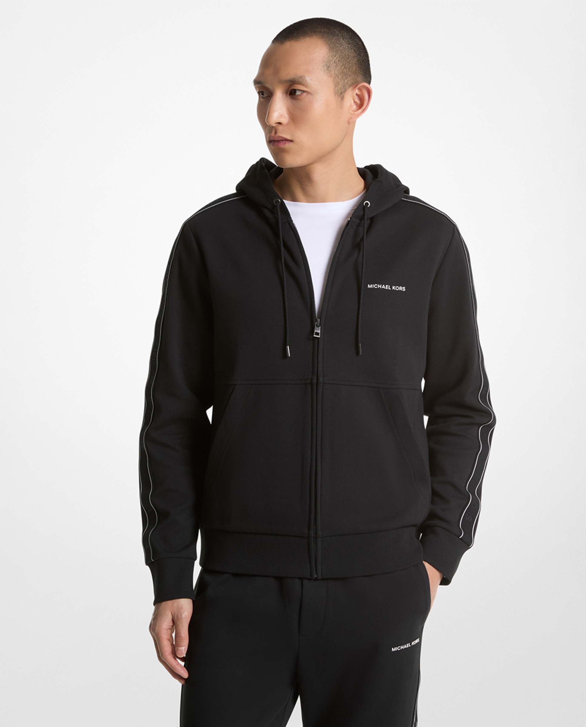 Sweatshirt em Mistura de Algodão com Capuz, Fecho de Correr Completo e Rebordo Decorativo Lateral com Logótipos Preto-1