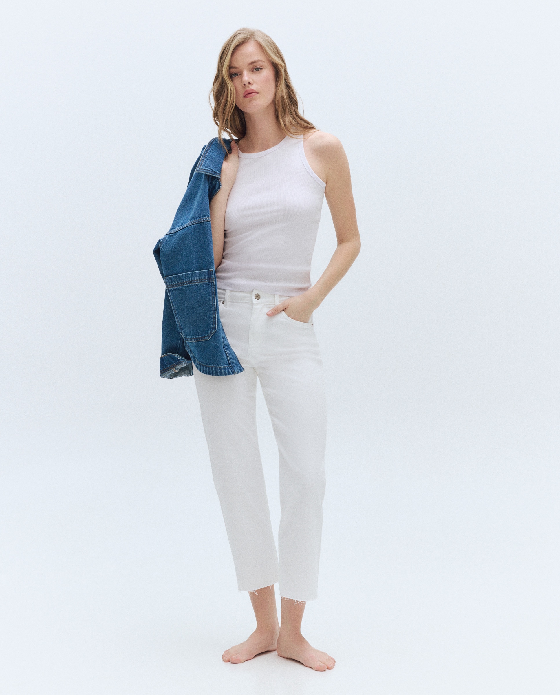 Jeans Straight Cropped com Cintura Subida Branco-marfim-3