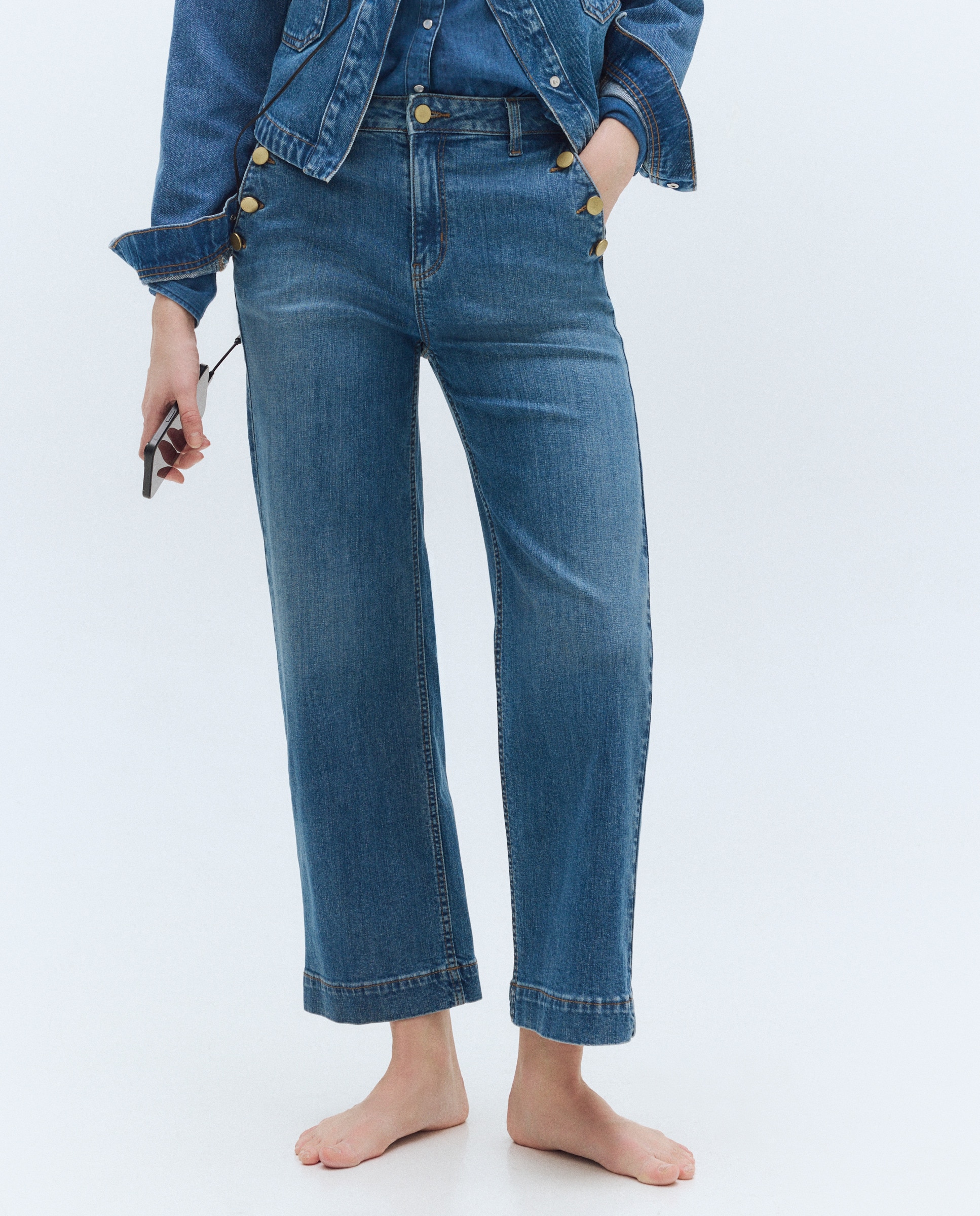 Pantalón denim de mujer crop culotte abotonado - Easy Wear - Indigo Indigo-3
