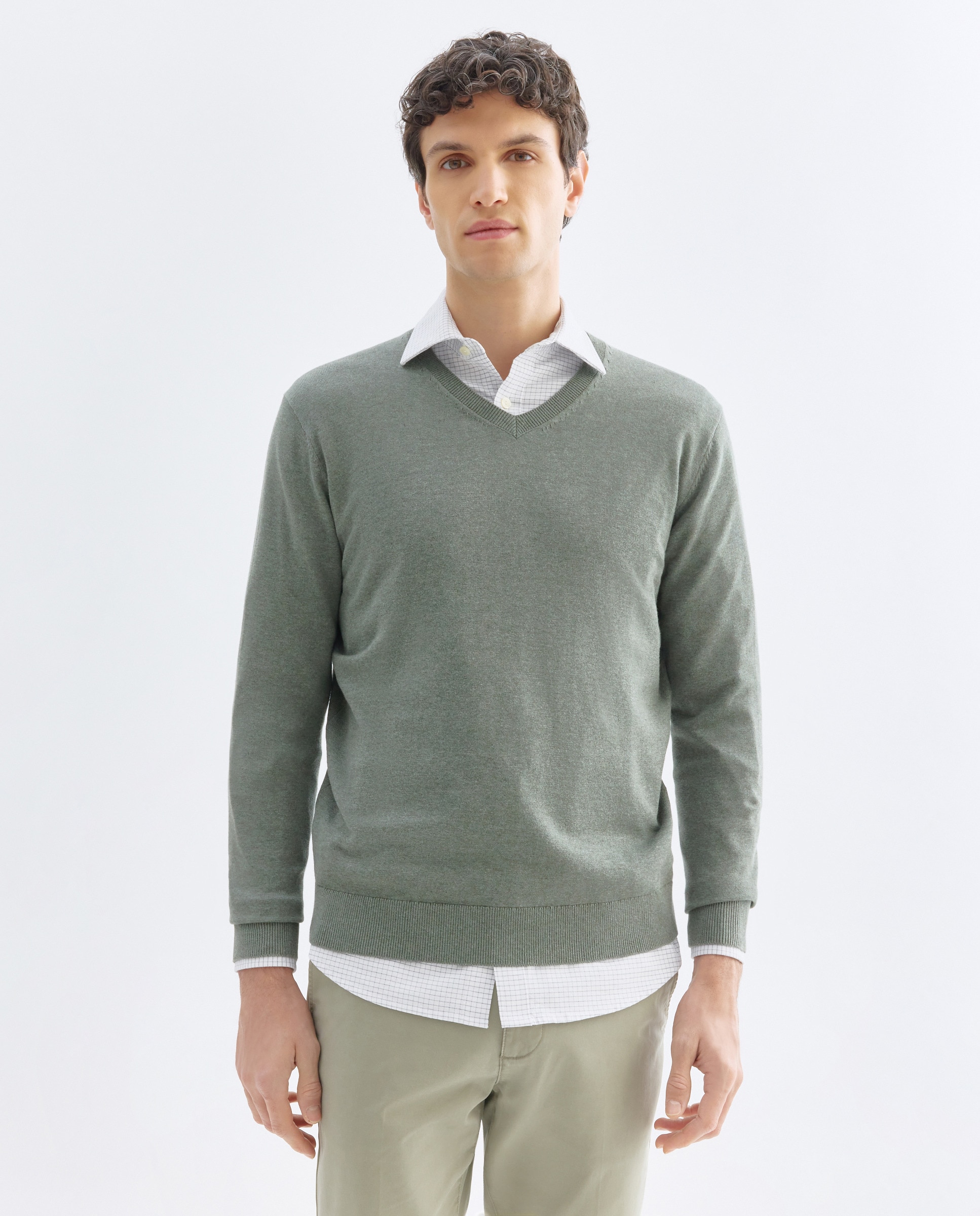 Jersey de hombre cuello pico liso algodón 100% Verde-1
