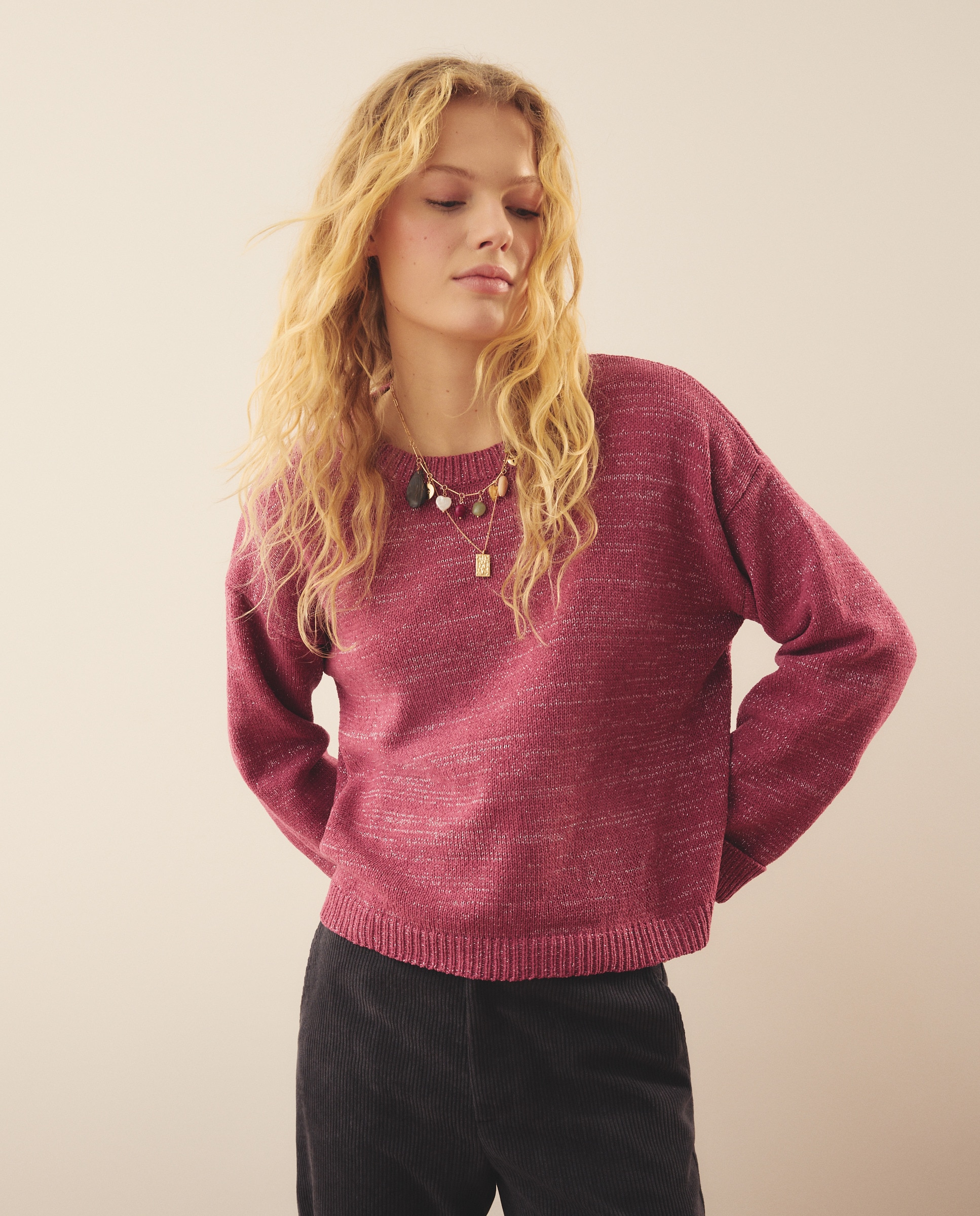 Camisola de Malha Chenille com Fio Metalizado 240 Fúcsia-1