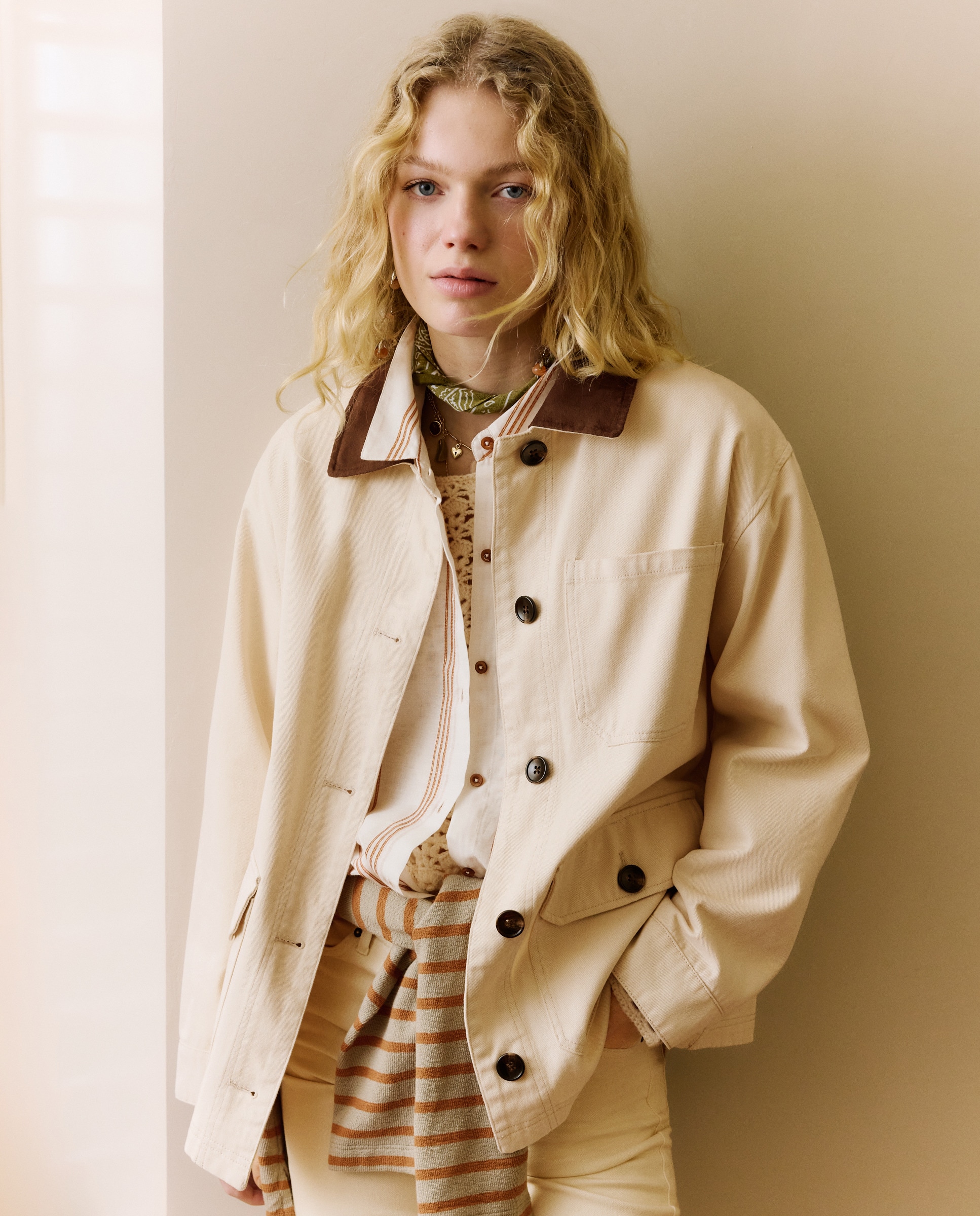 Parka de Sarja com Gola em Contraste 120 Cru-1