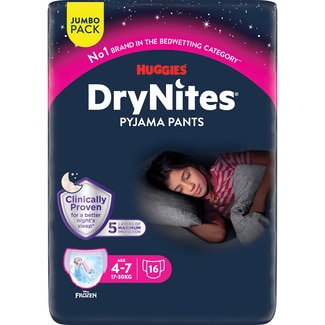 braguitas de noche absorbentes para niñas 4-7 años 17-30 kg bolsa 16 unidades - Huggies Dry Nites