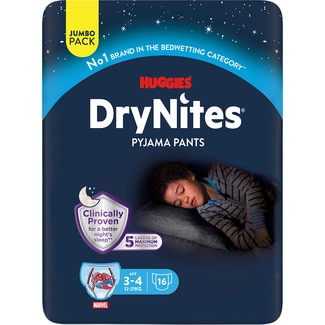 calzoncillos de noche absorbentes para niños 3-4 años 12-21 kg bolsa 16 unidades - Huggies Dry Nites