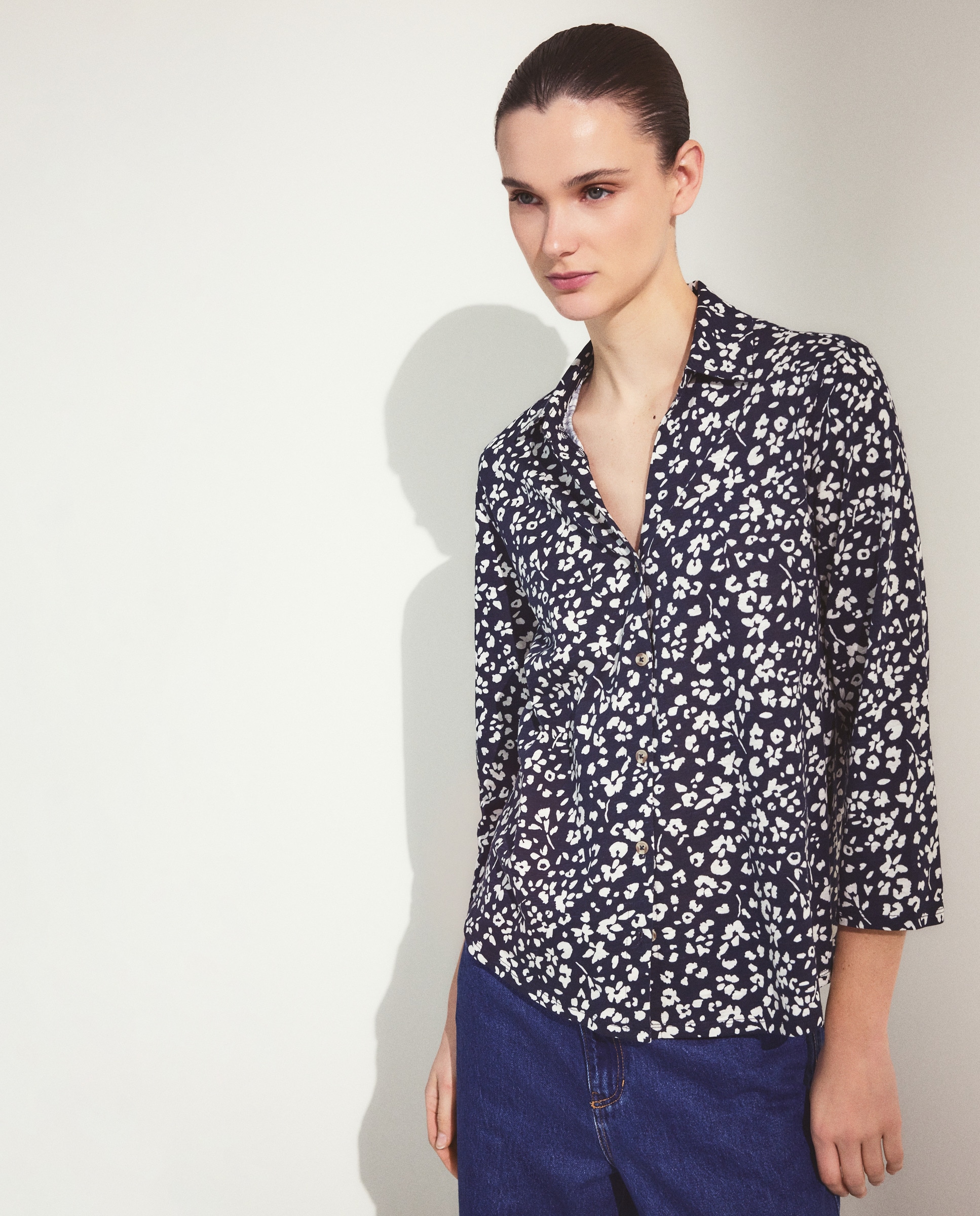 Blusa de mulher com manga comprida e estampado floral Azul-2