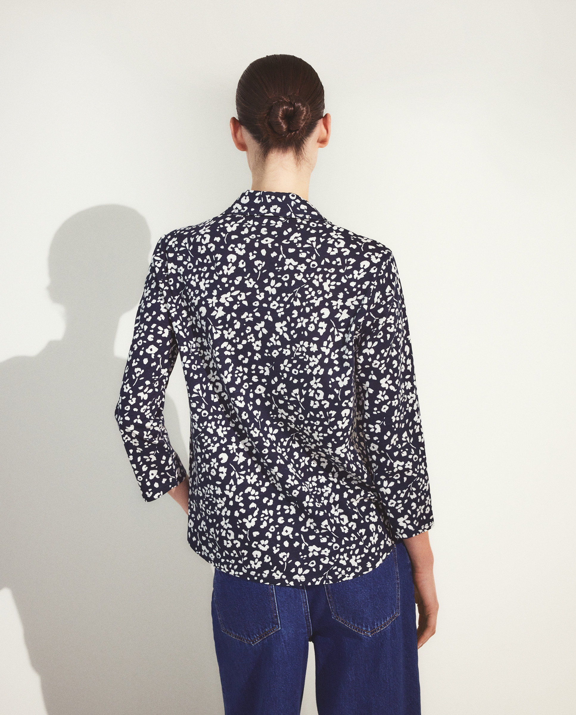 Blusa de mulher com manga comprida e estampado floral Azul-3