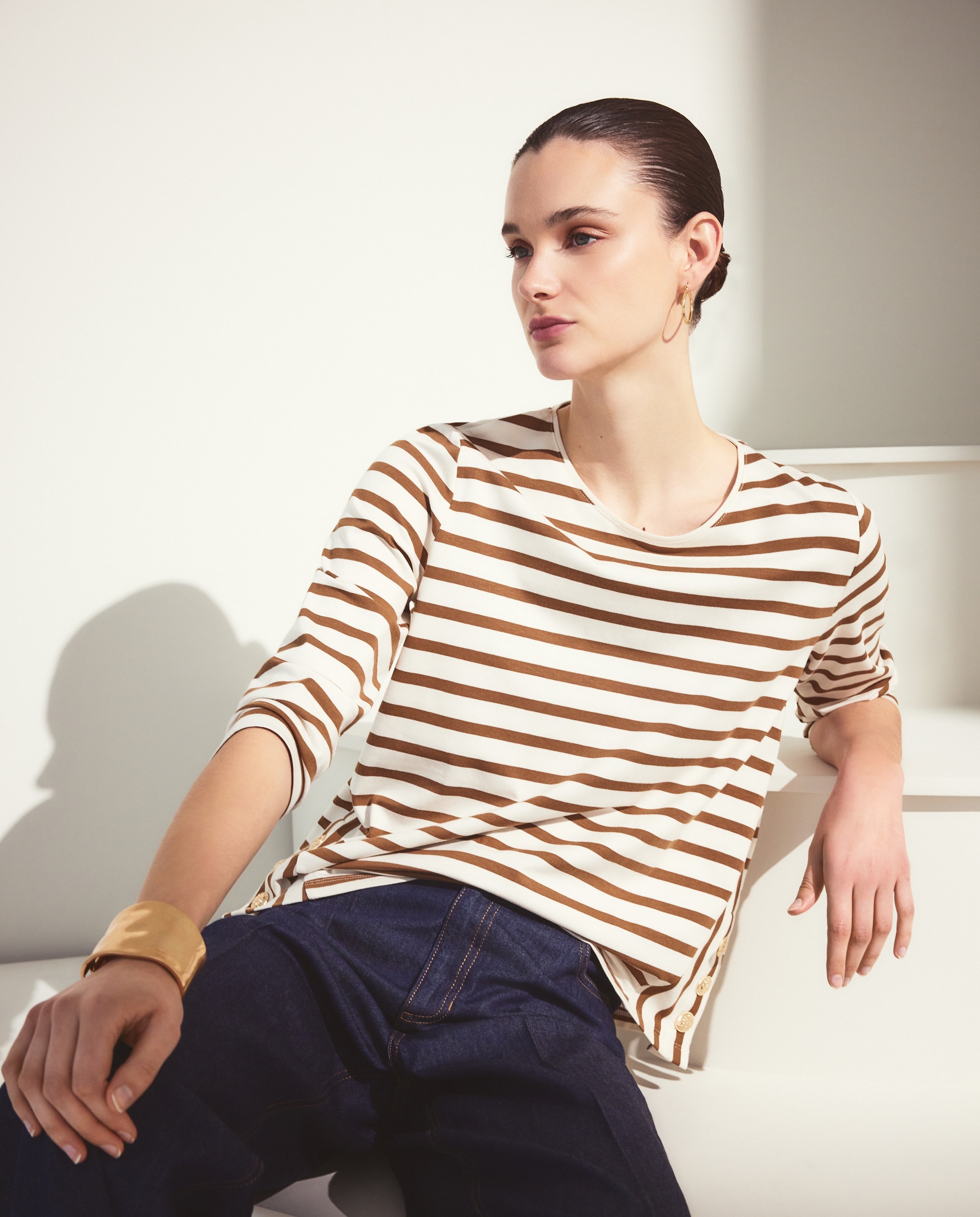 Camisola de Manga Comprida às Riscas Branco-1