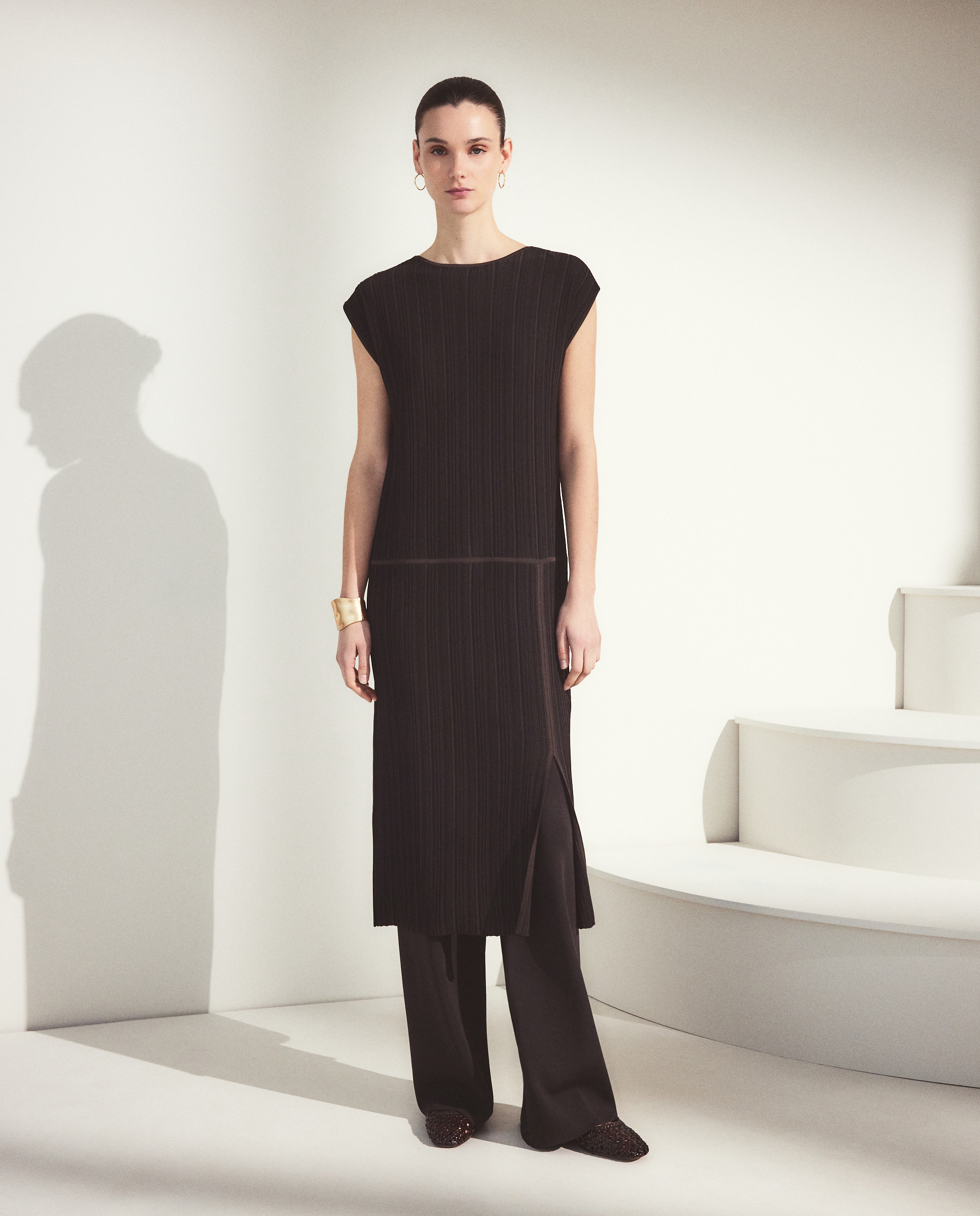 Vestido Regular de Tricot sem Mangas Castanho-1