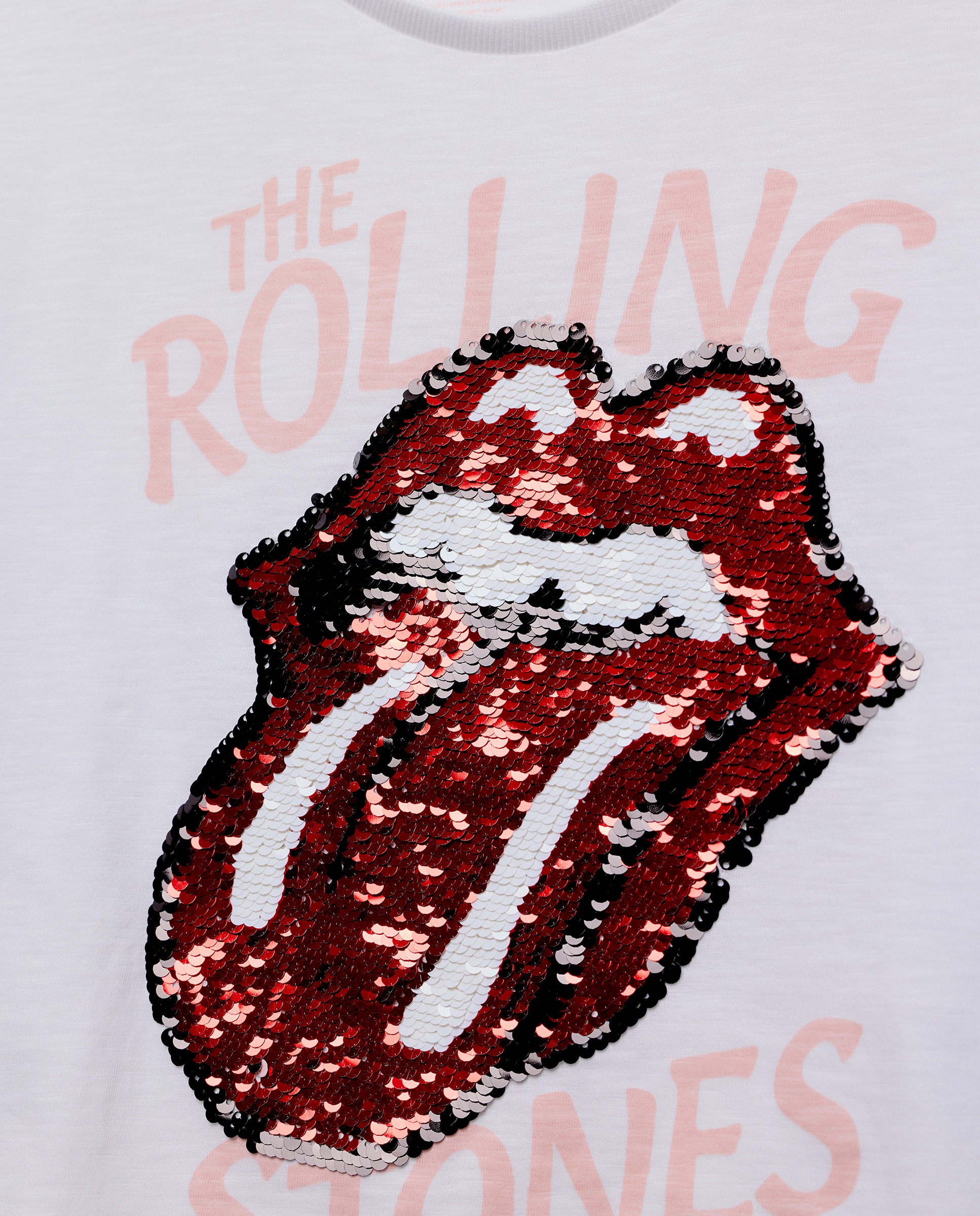T-shirt com Estampado Rolling Stones de Lantejoulas à Frente Branco-6