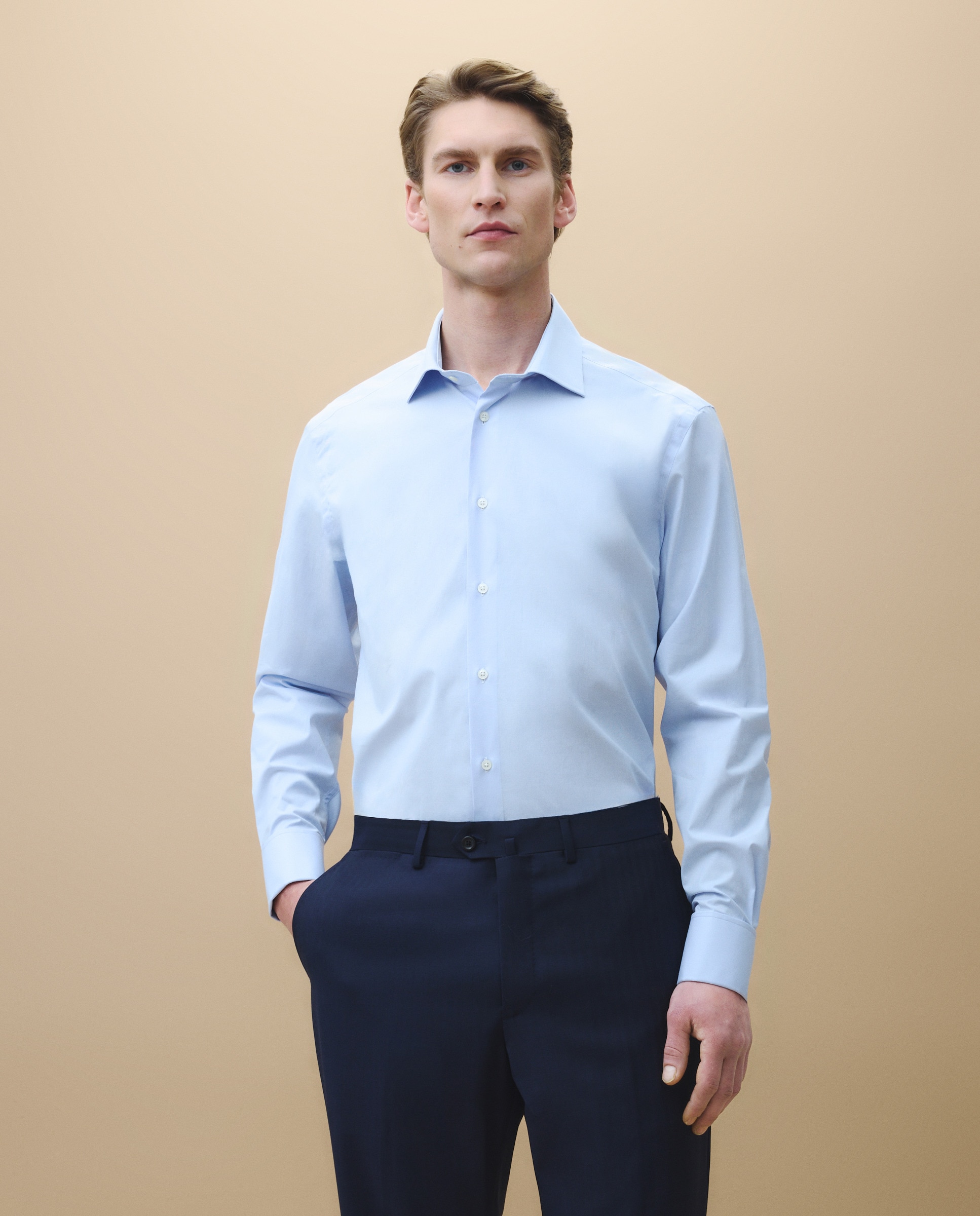 Camisa Clássica com Manga Comprida e Gola Italiana Azul-1