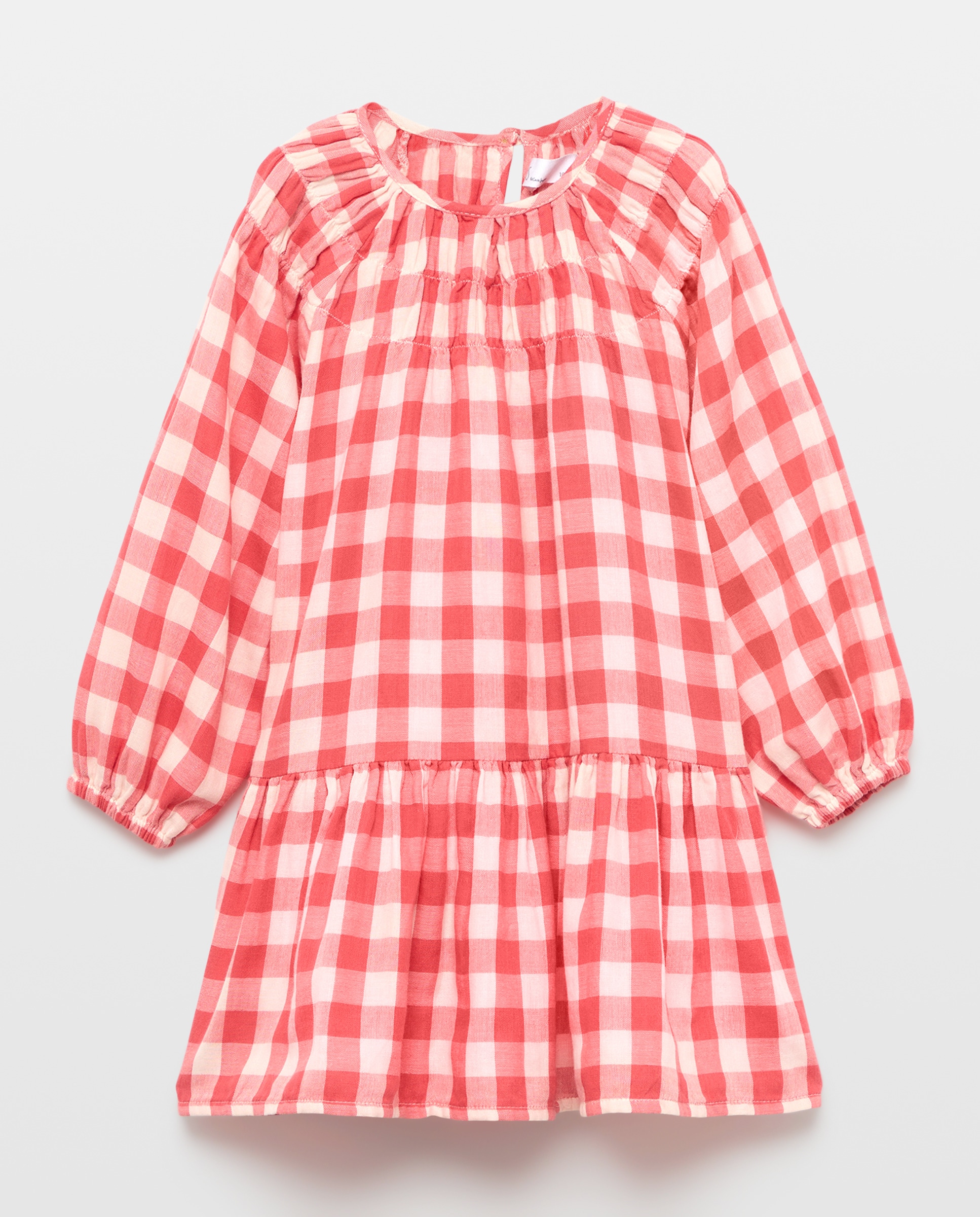 Vestido de Manga Comprida em Chiffon Duplo com Vichy e Gola Smock com Elásticos Kids El Corte Inglés Vermelho-5