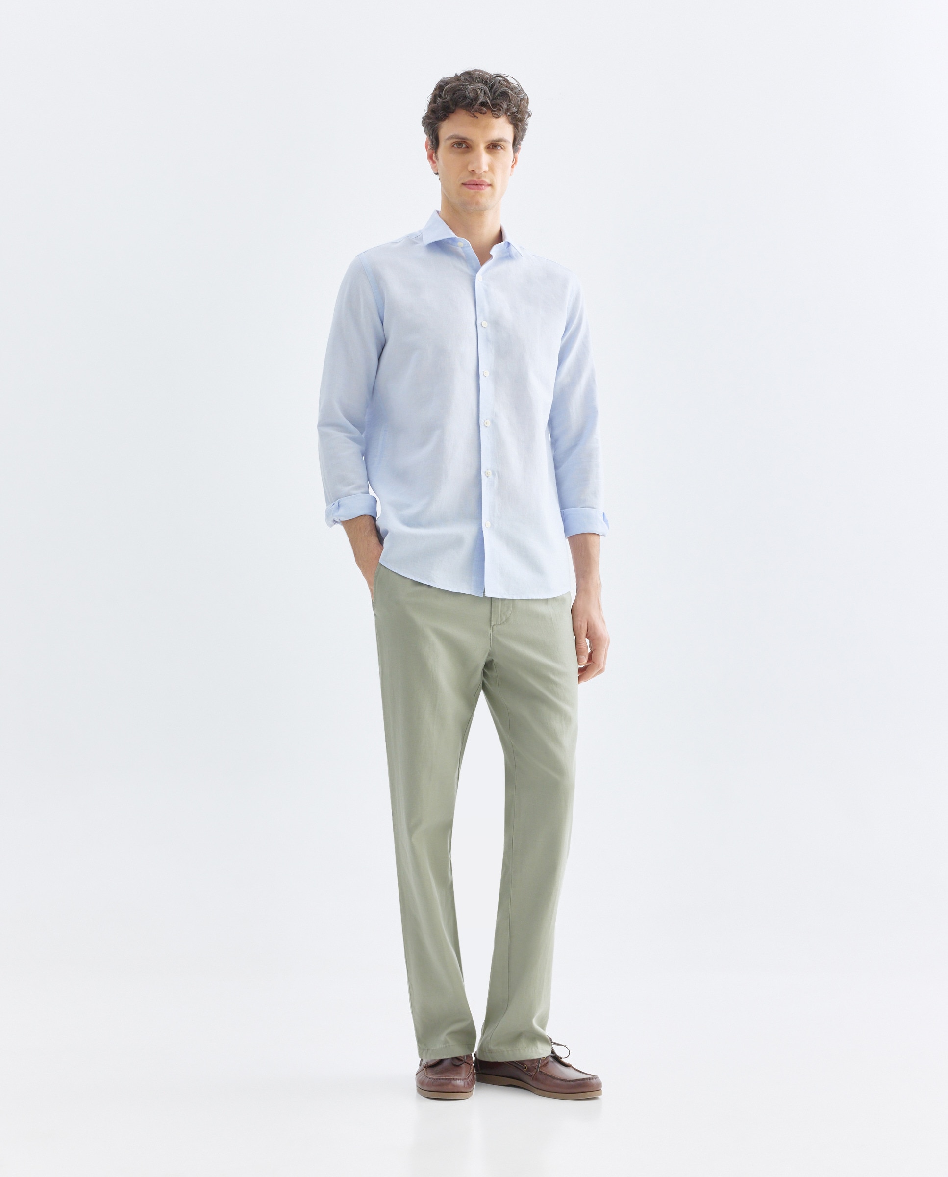 Camisa sport hombre lino y algodón lisa 410 Azul claro-2