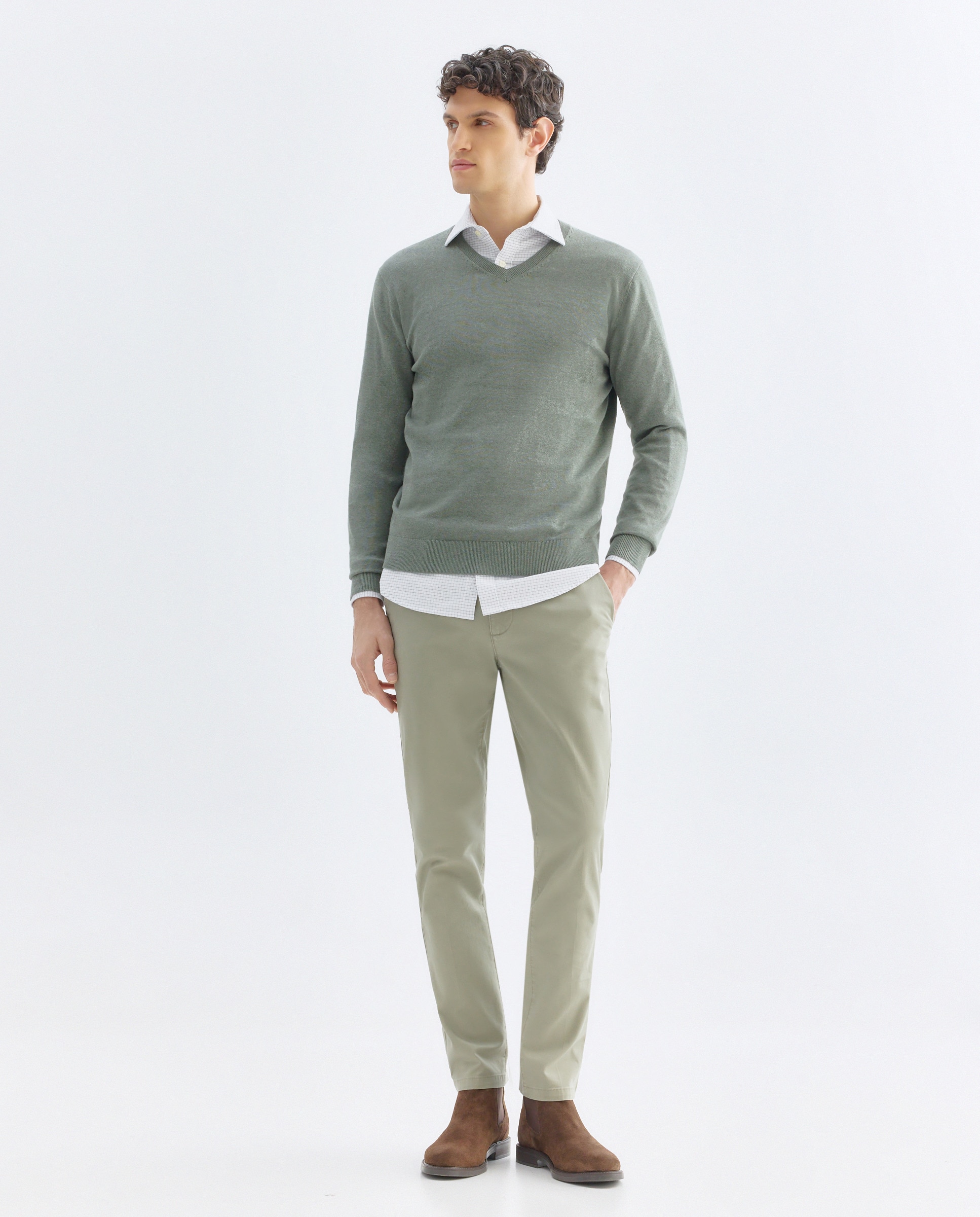 Jersey de hombre cuello pico liso algodón 100% Verde-2