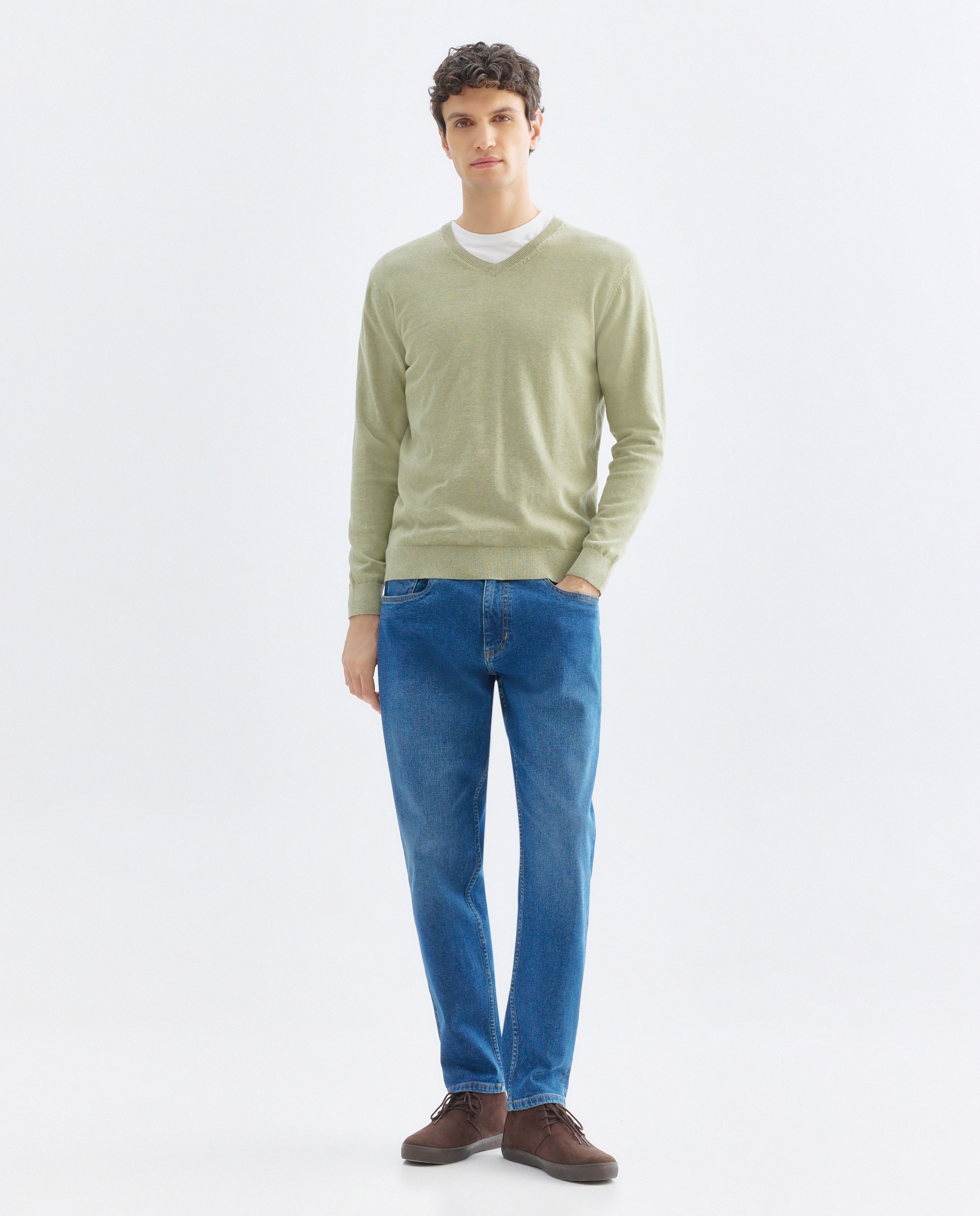 Jersey de hombre cuello pico liso algodón 100% 510 Verde claro-2