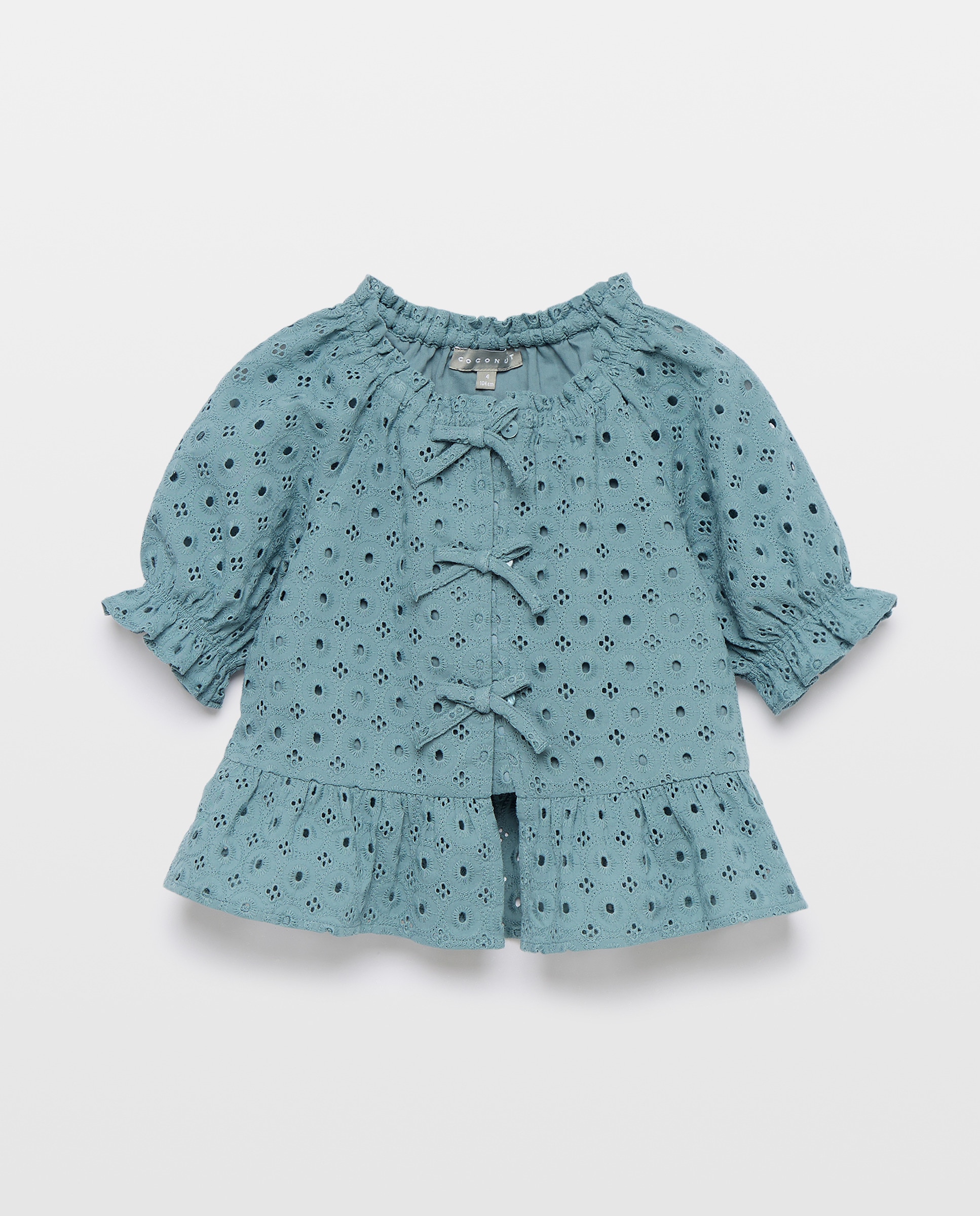 Blusa de Manga Curta com Laços e Bordado Suíço 530 Verde Escuro-5