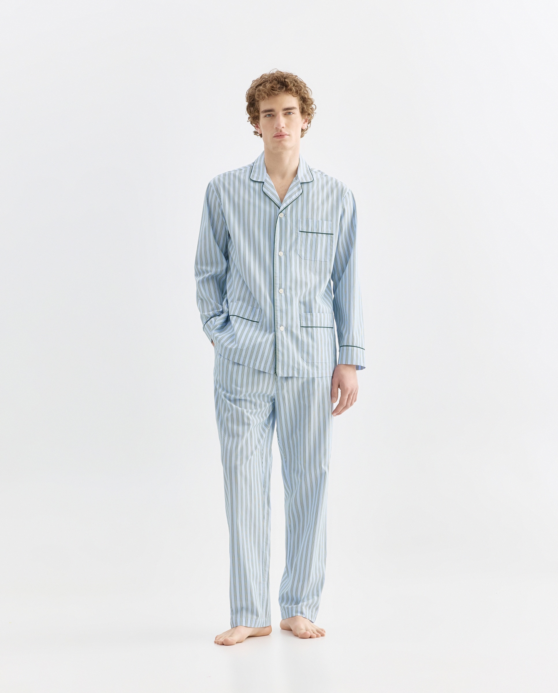 Pijama de Popelina com Tecido às Riscas Azul-claro-1