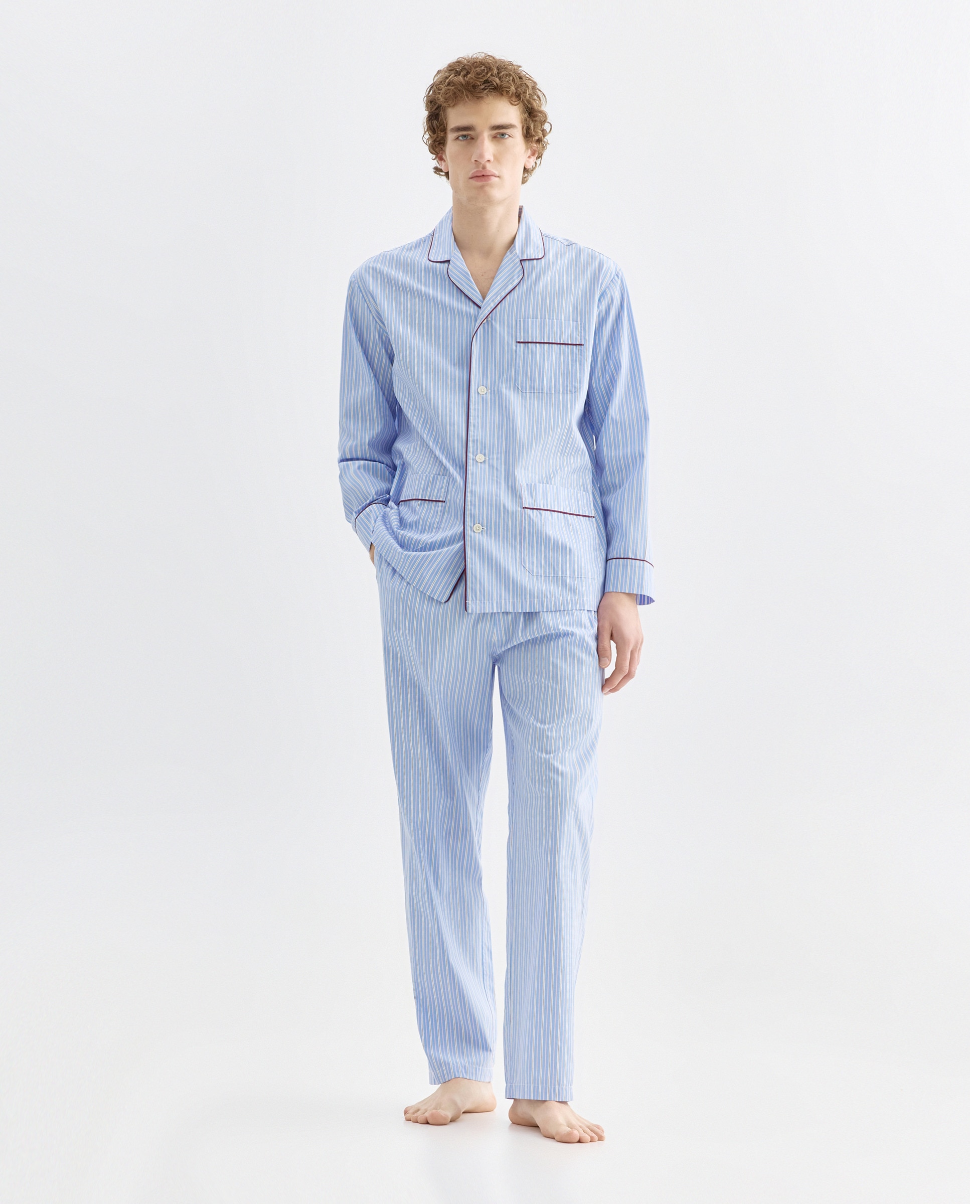 Pijama de Popelina com Tecido às Riscas Azul-claro-1